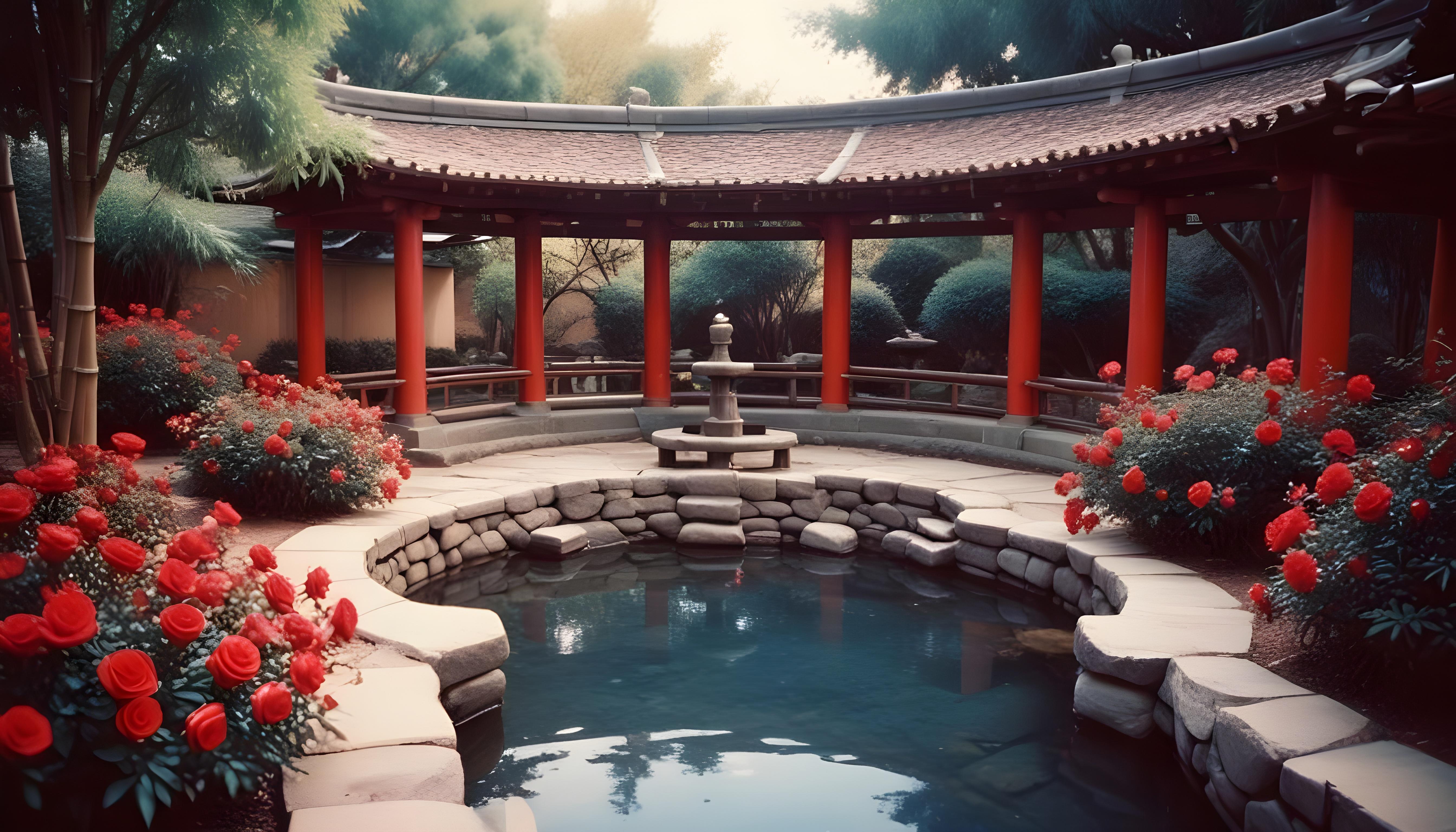 Beautiful Cottage Rose Garden with Blooming Flowers and Decorative Water Well