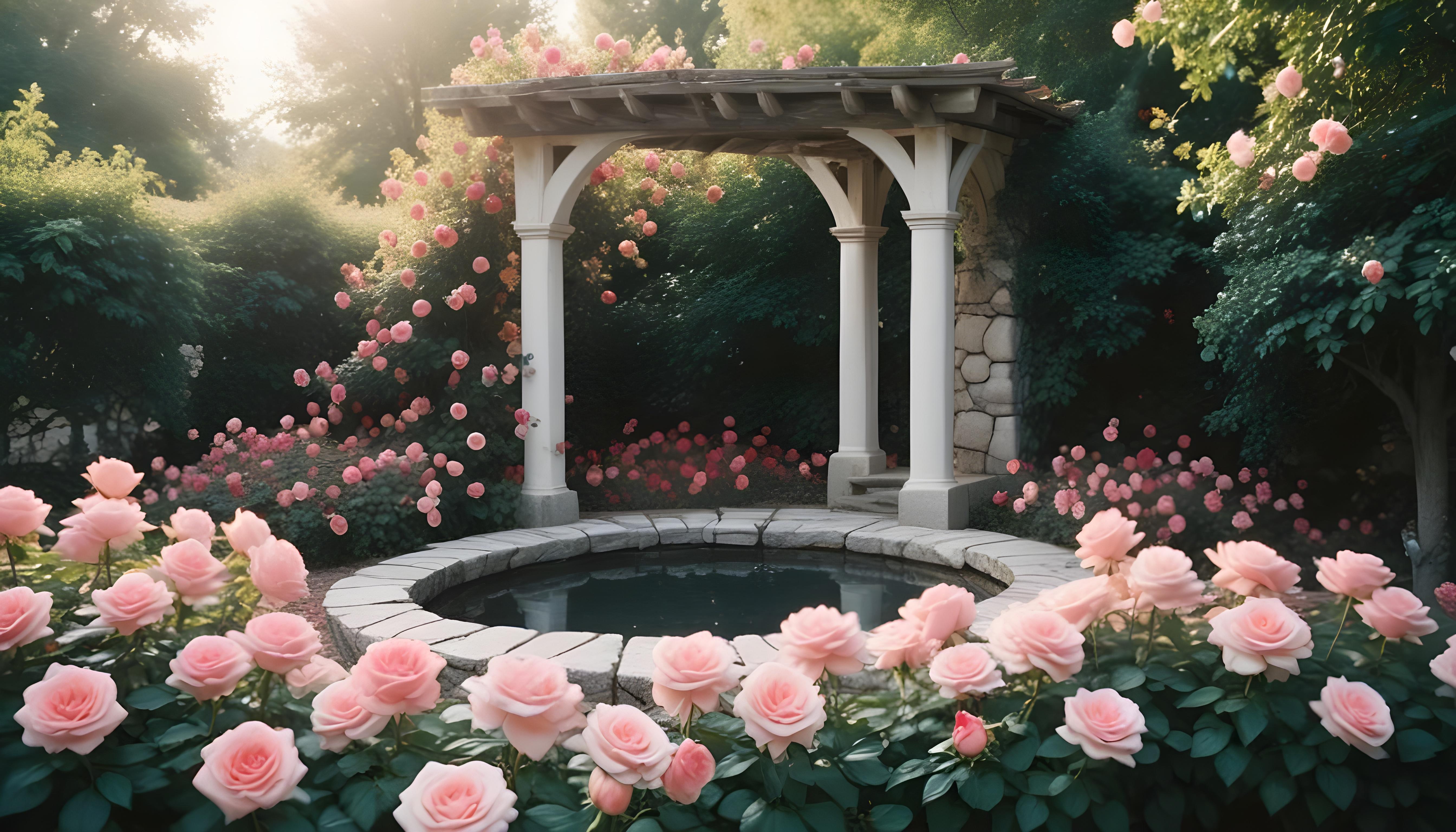Beautiful Cottage Rose Garden with Blooming Flowers and Decorative Water Well