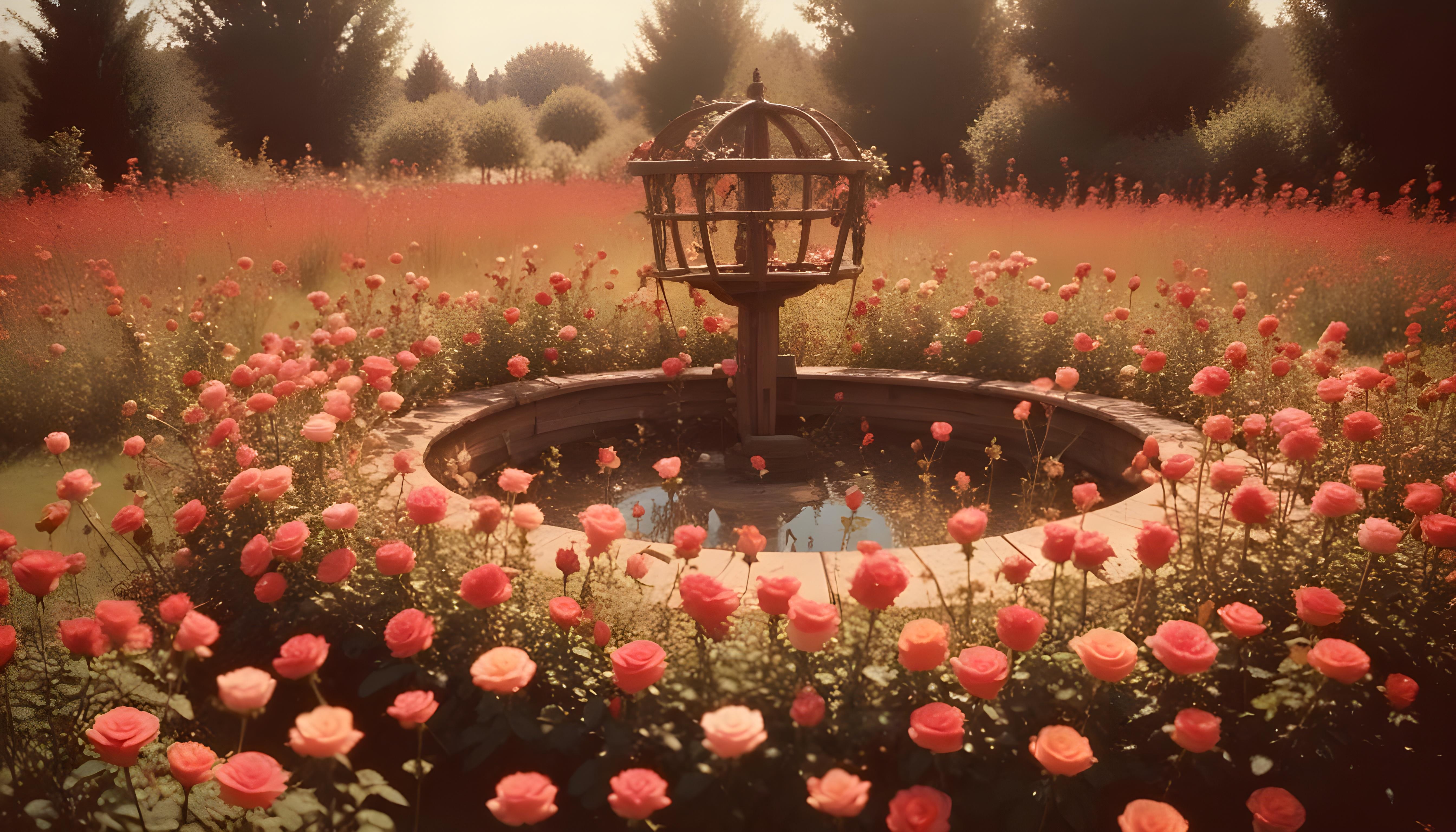 Beautiful Cottage Rose Garden with Blooming Flowers and Decorative Water Well
