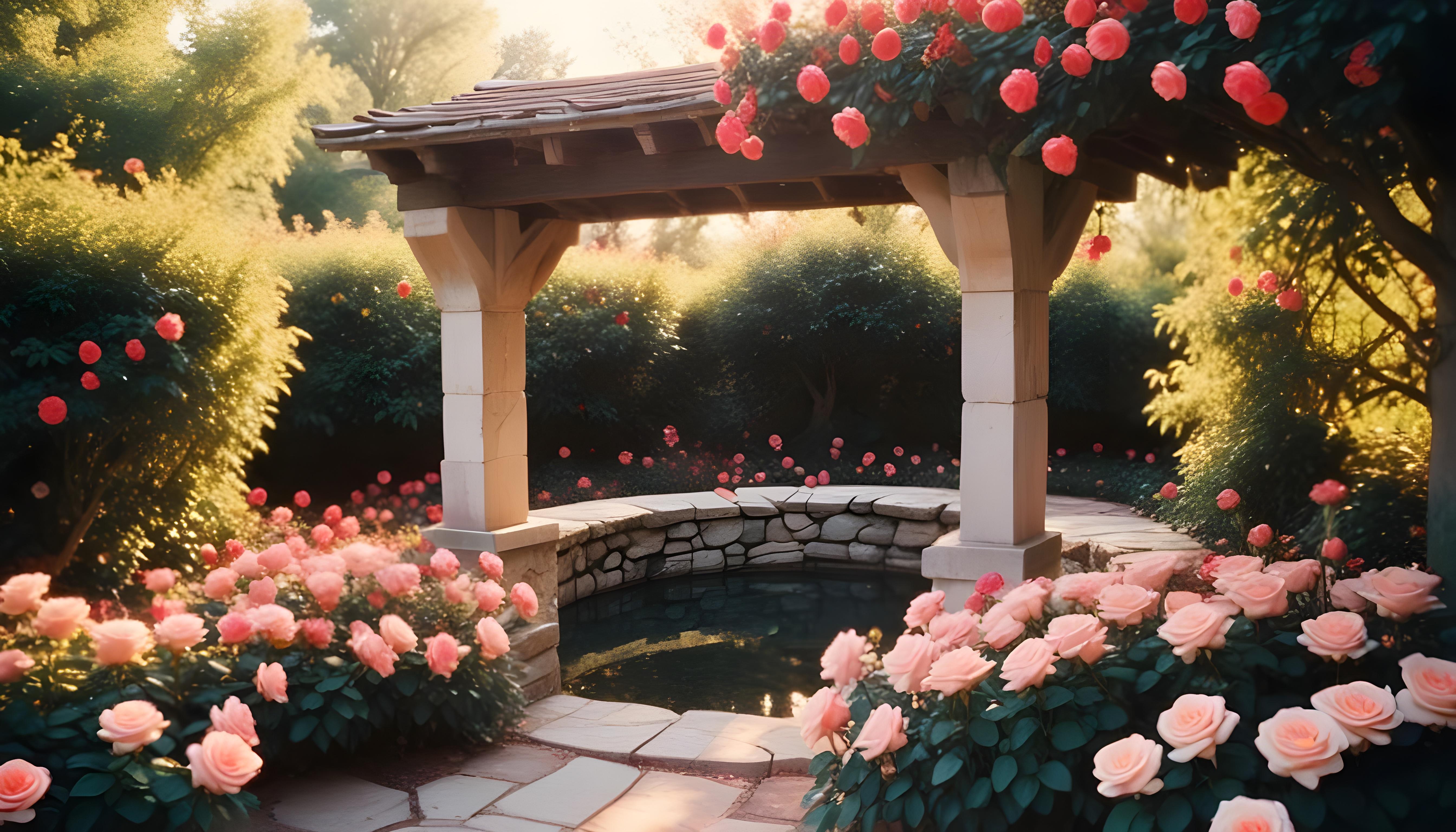 Beautiful Cottage Rose Garden with Blooming Flowers and Decorative Water Well