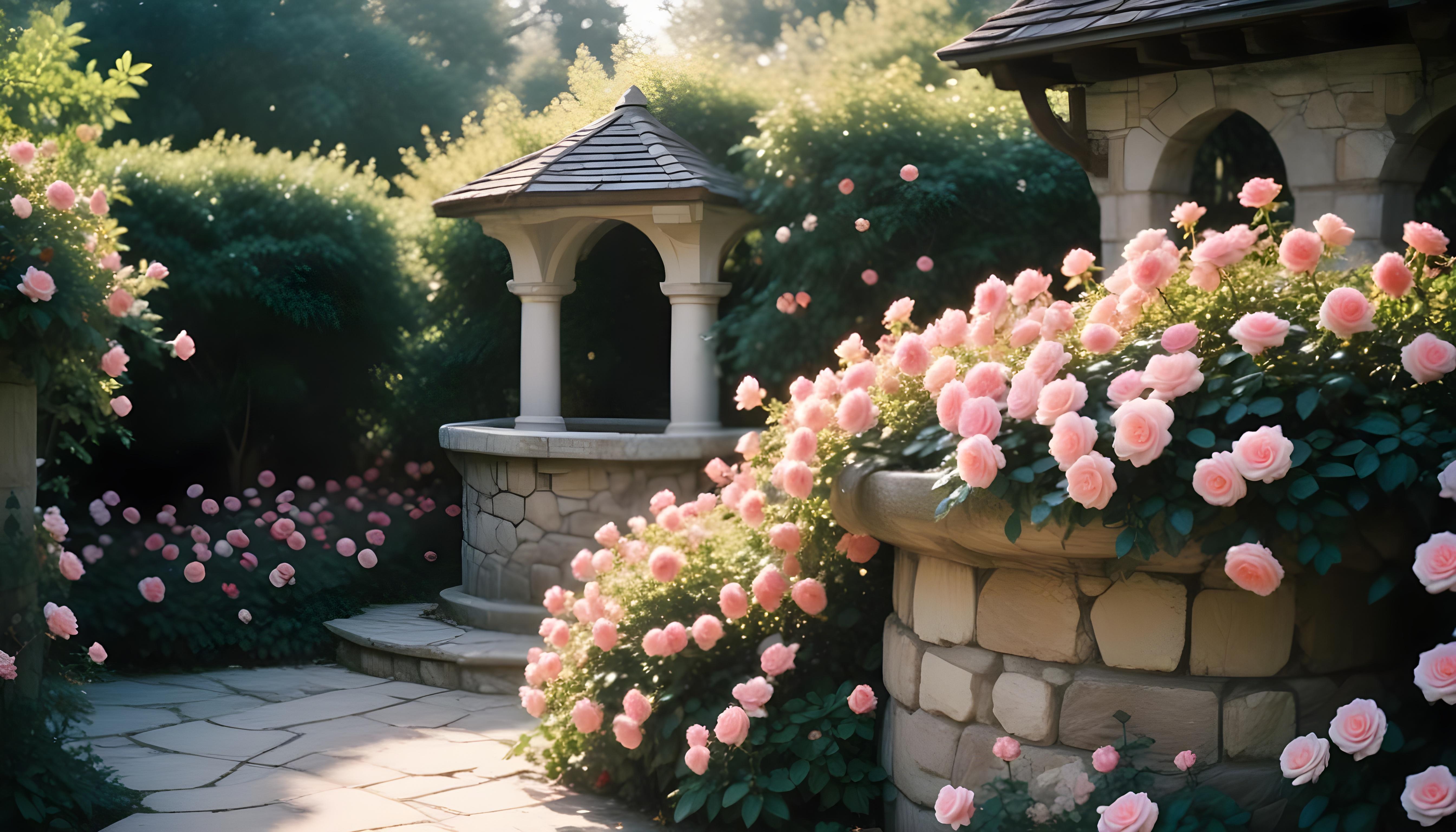 Beautiful Cottage Rose Garden with Blooming Flowers and Decorative Water Well