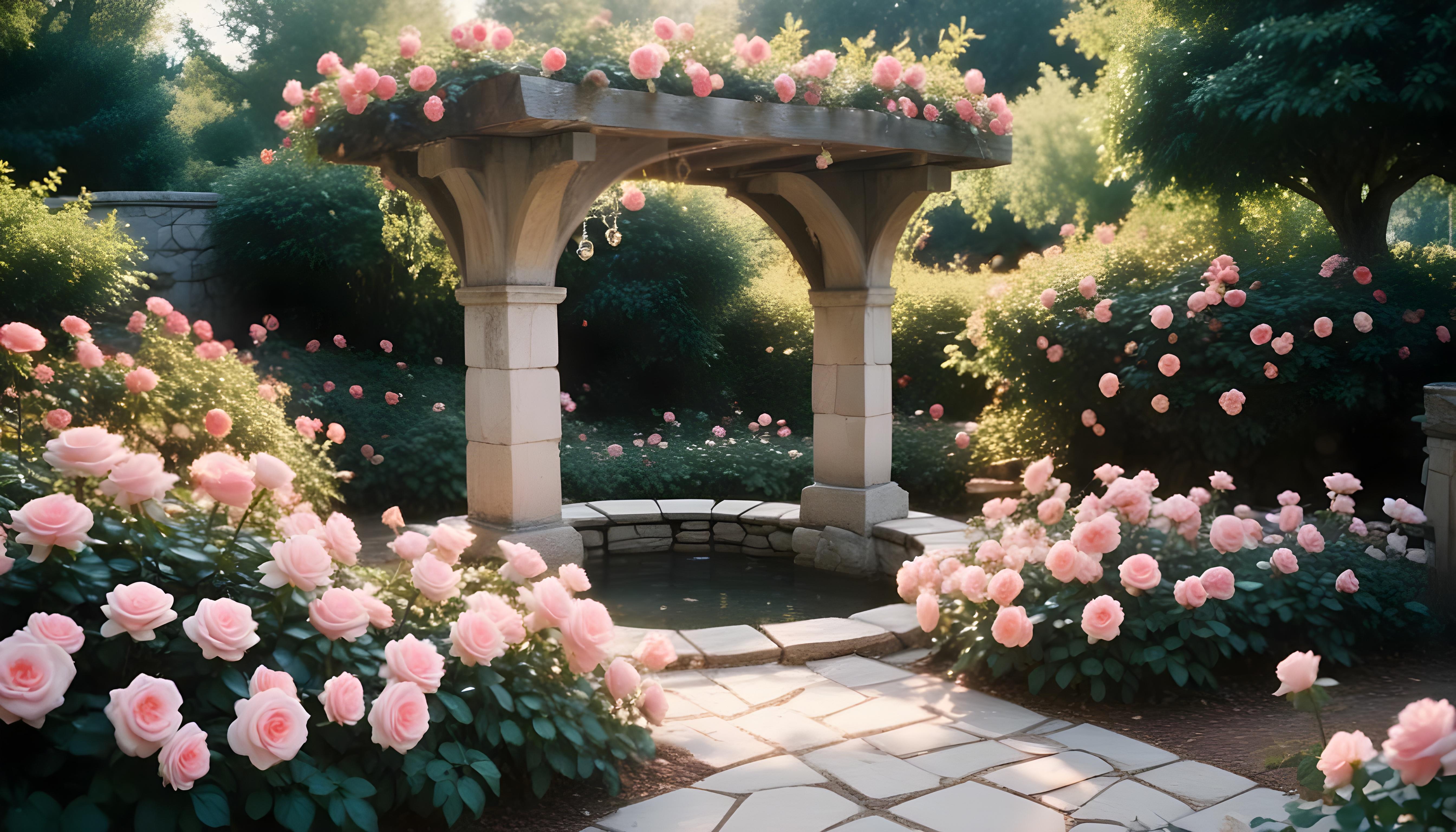 Beautiful Cottage Rose Garden with Blooming Flowers and Decorative Water Well