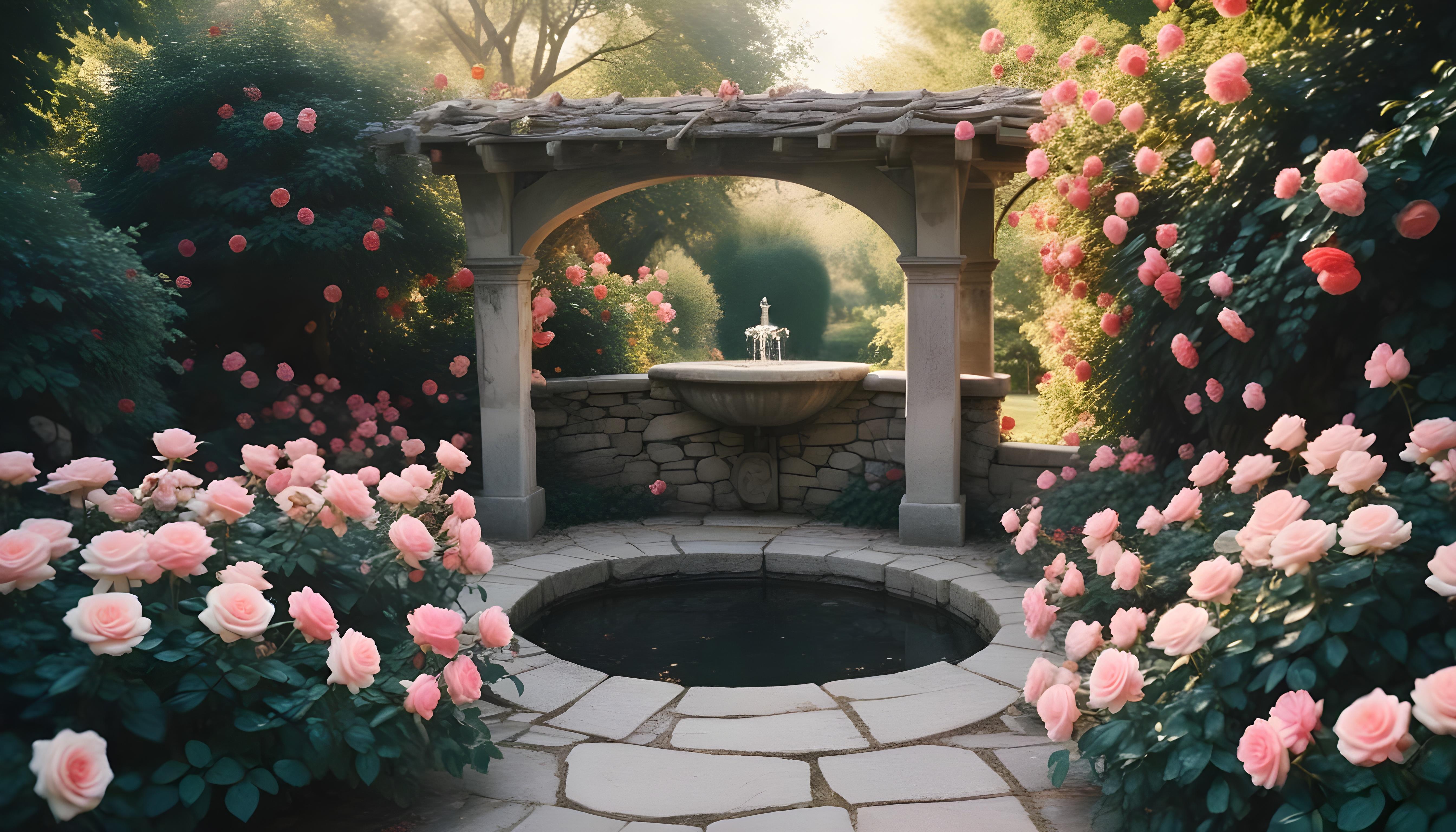 Beautiful Cottage Rose Garden with Blooming Flowers and Decorative Water Well