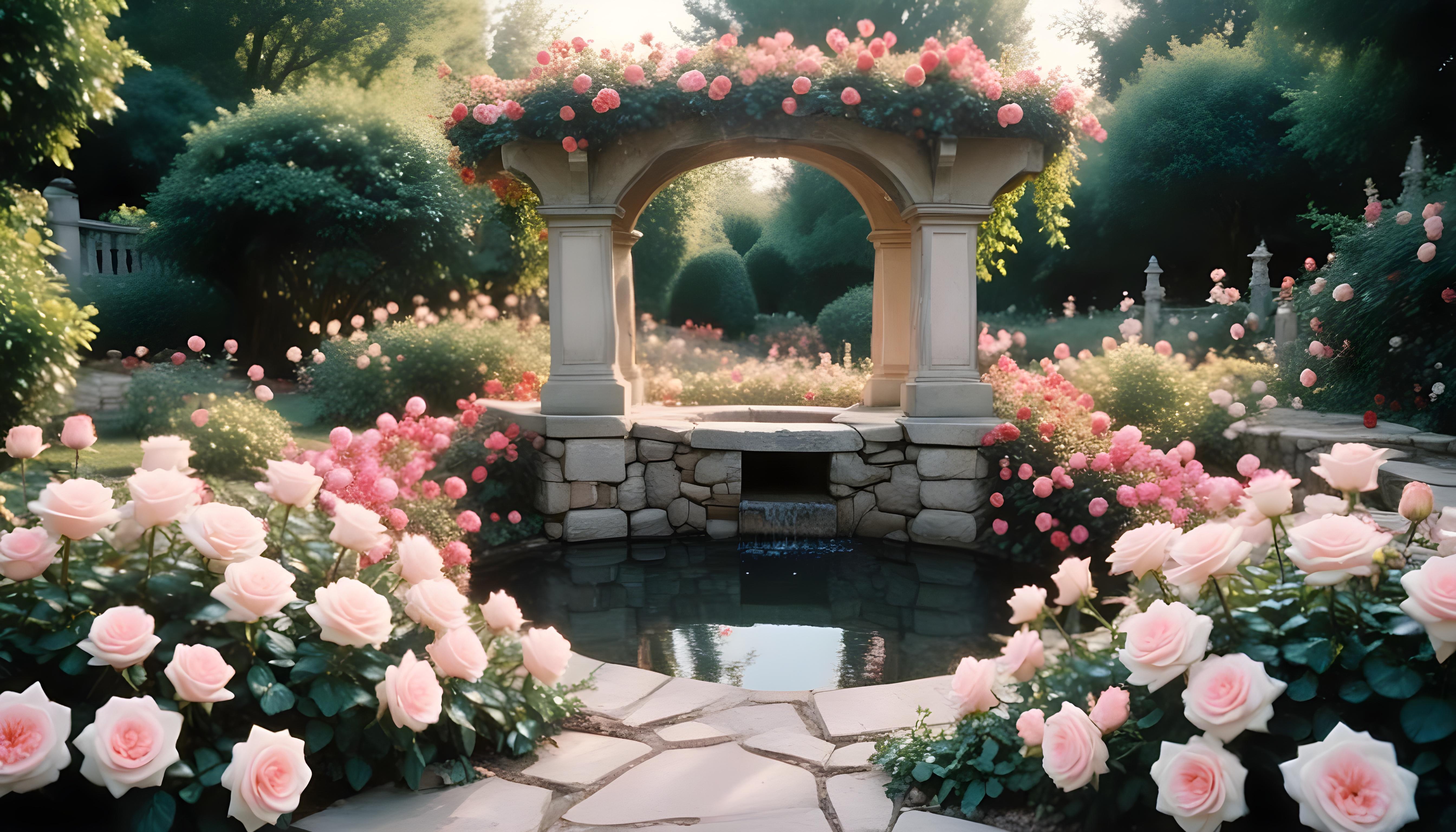 Beautiful Cottage Rose Garden with Blooming Flowers and Decorative Water Well