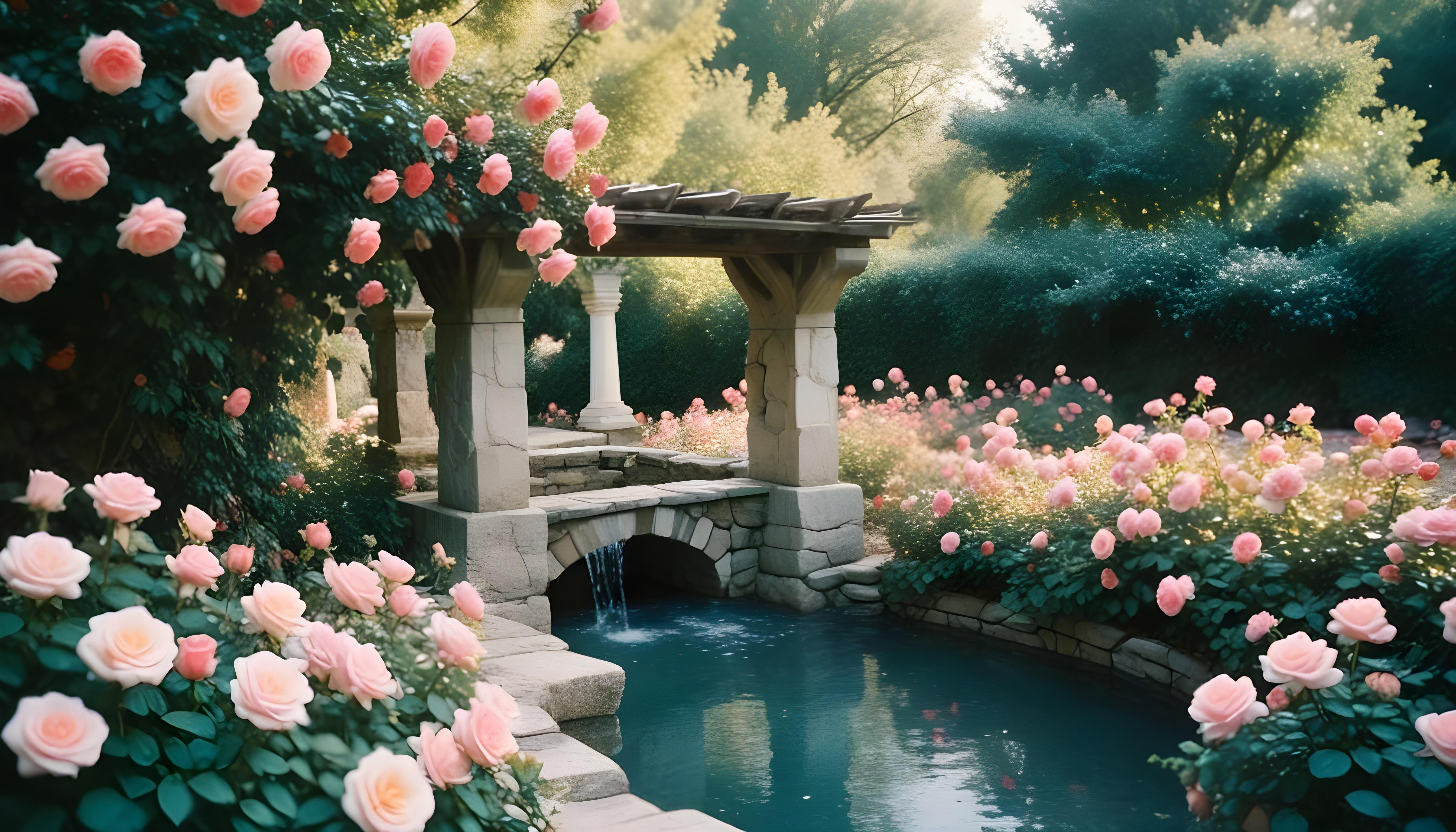 Beautiful Cottage Rose Garden with Blooming Flowers and Decorative Water Well