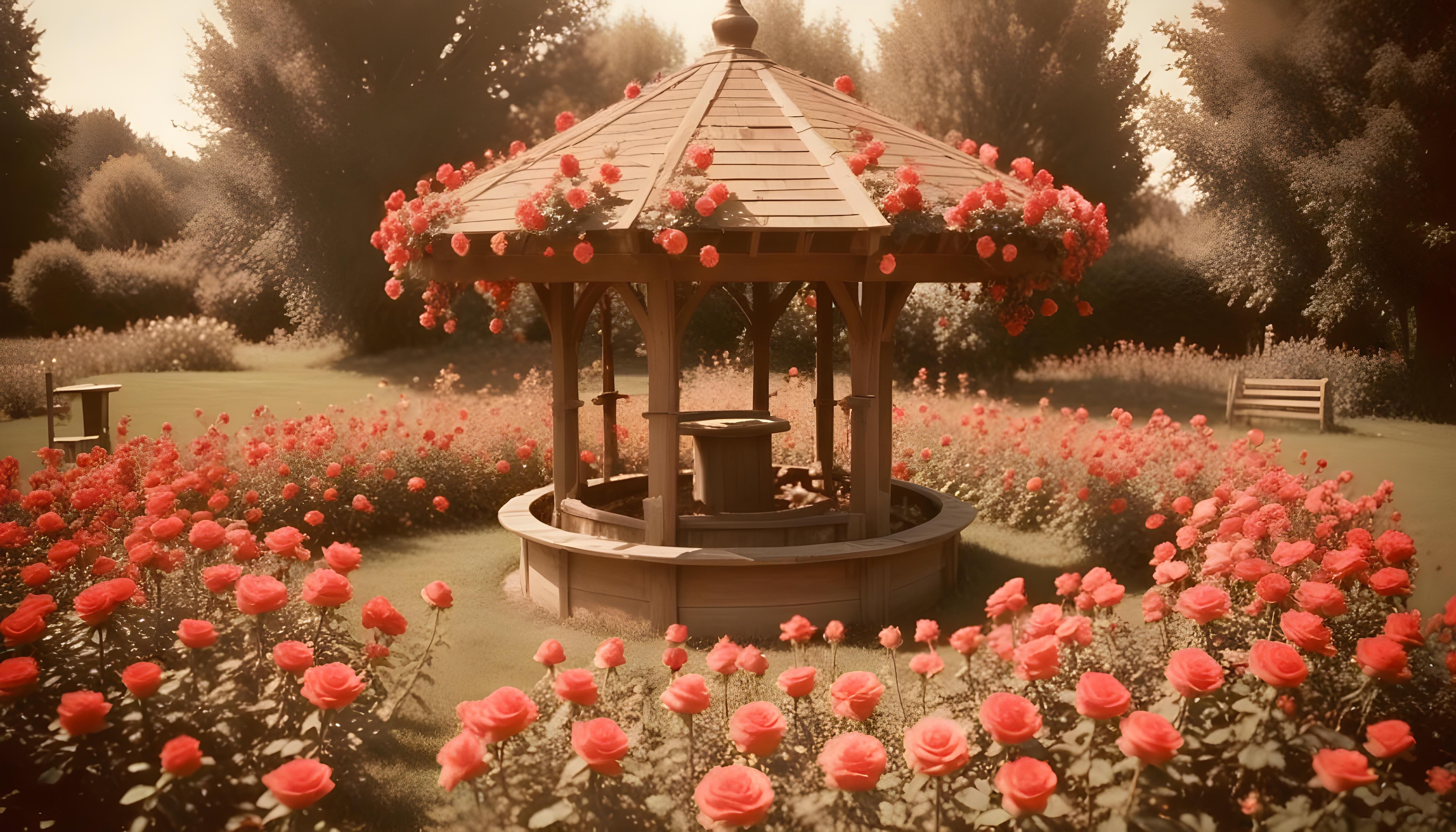 Beautiful Cottage Rose Garden with Blooming Flowers and Decorative Water Well