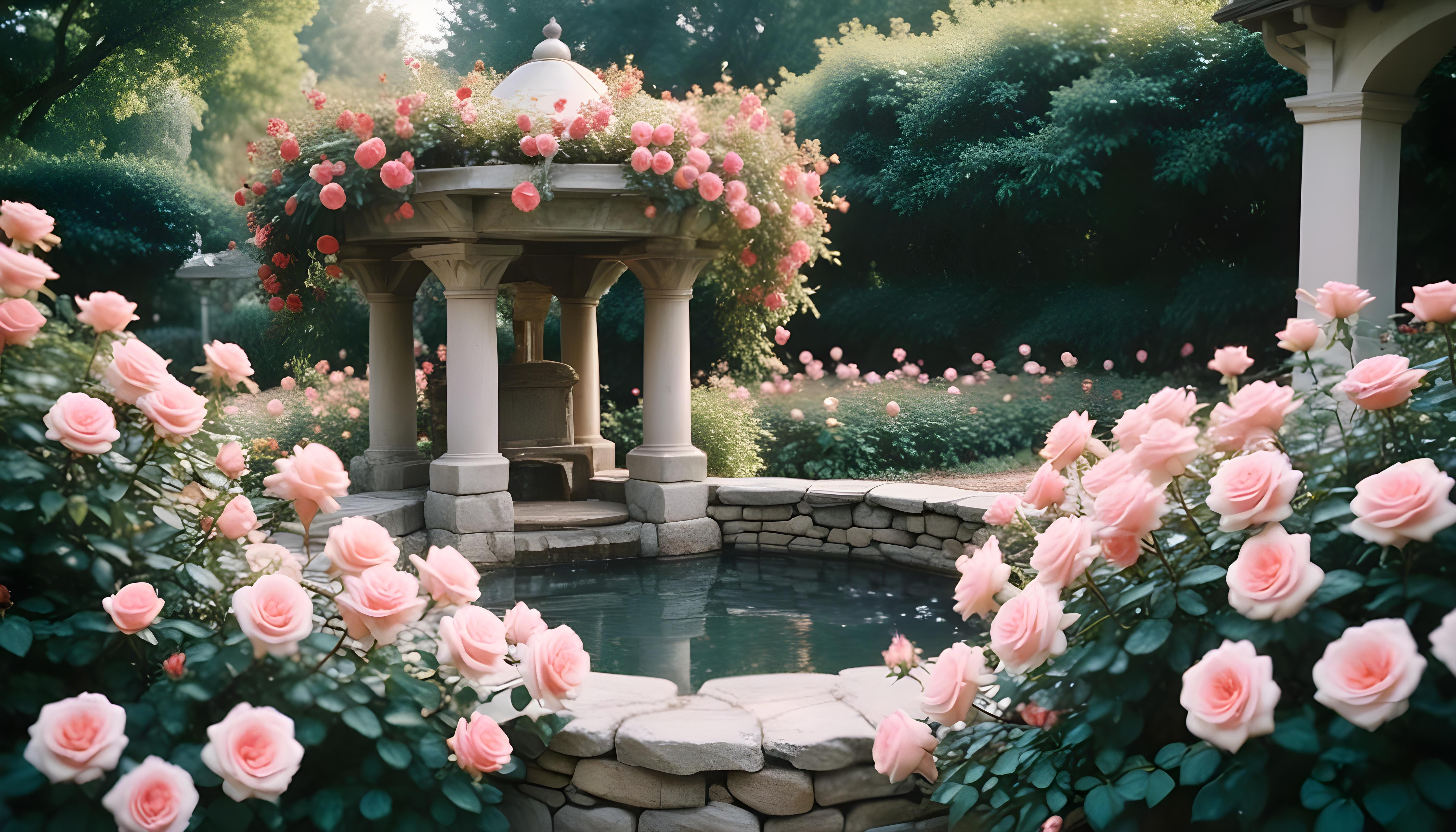 Beautiful Cottage Rose Garden with Blooming Flowers and Decorative Water Well