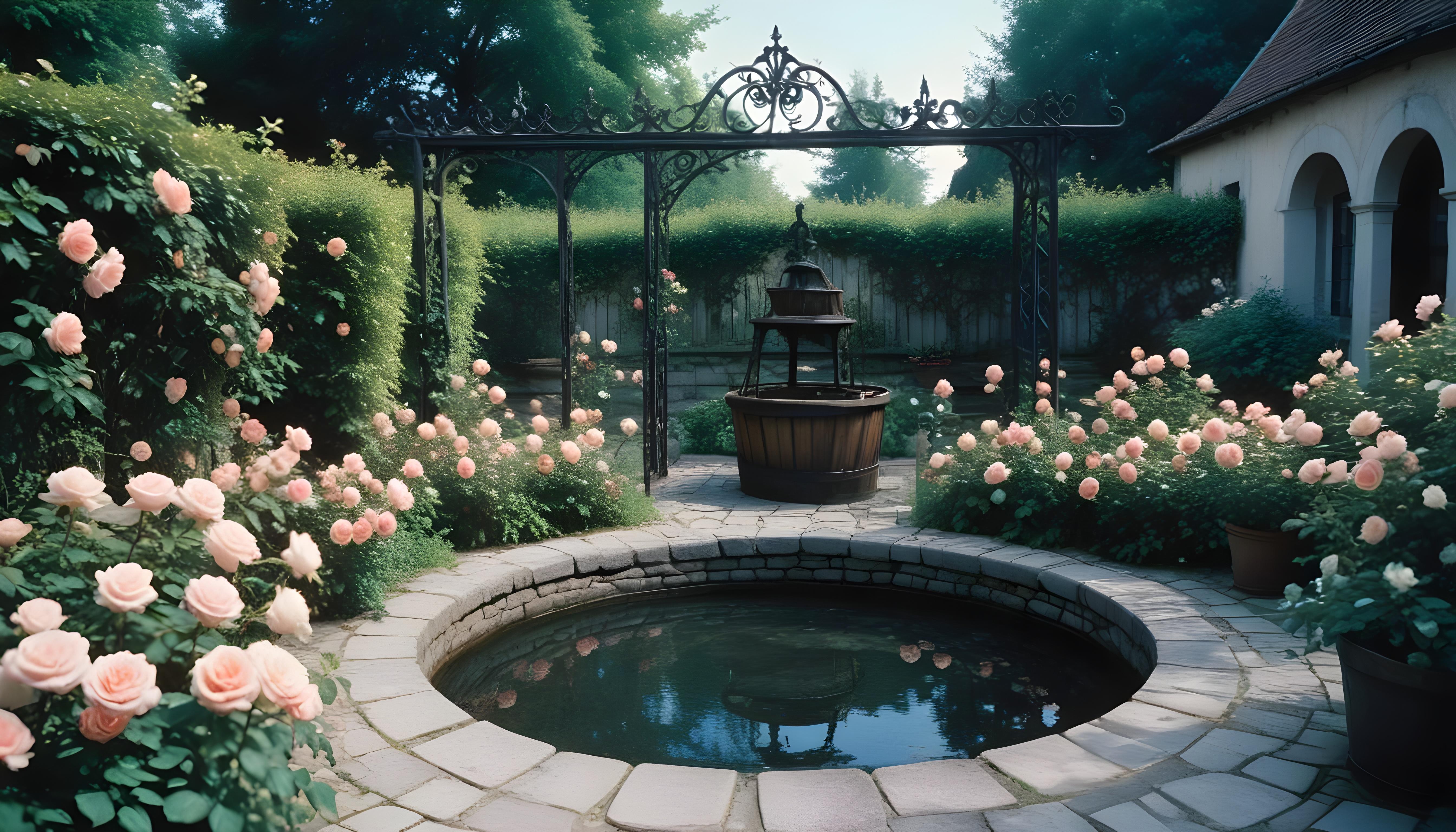 Beautiful Cottage Rose Garden with Blooming Flowers and Decorative Water Well