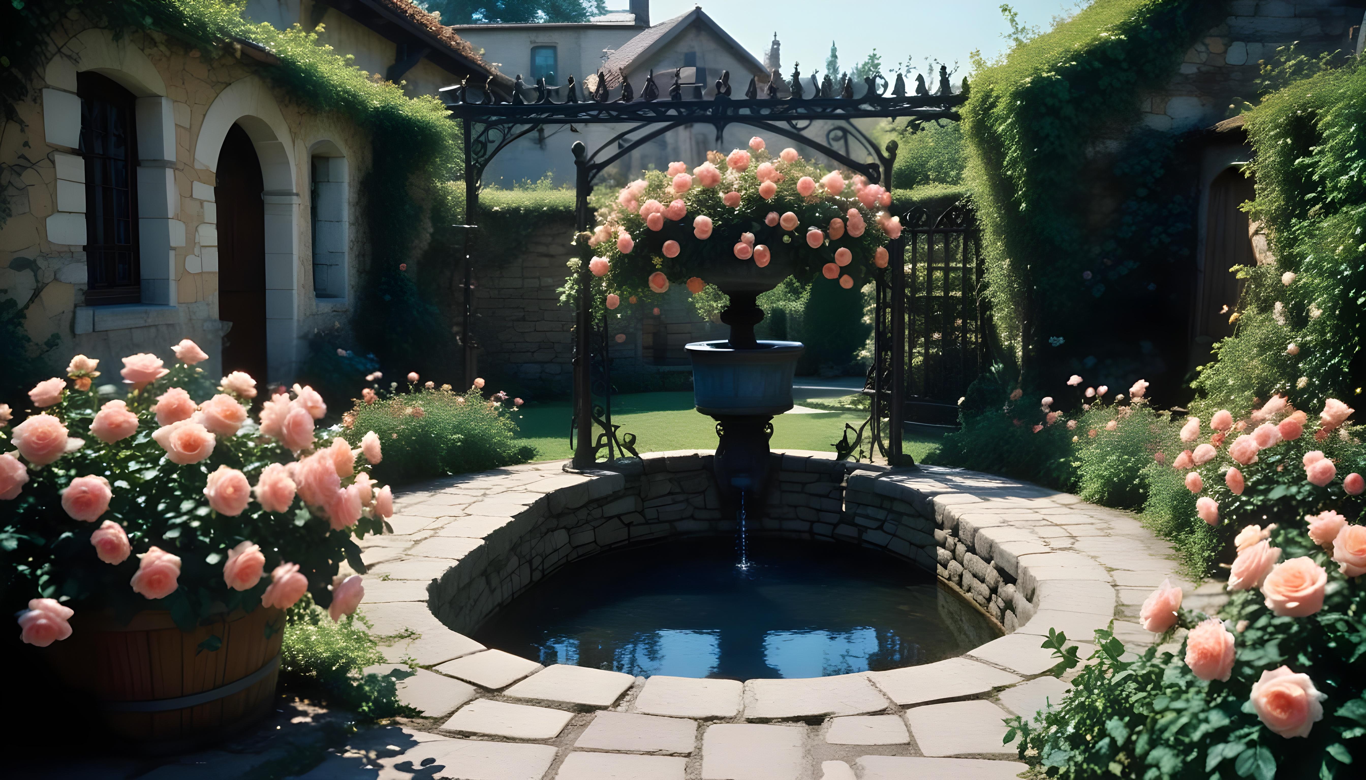 Beautiful Cottage Rose Garden with Blooming Flowers and Decorative Water Well