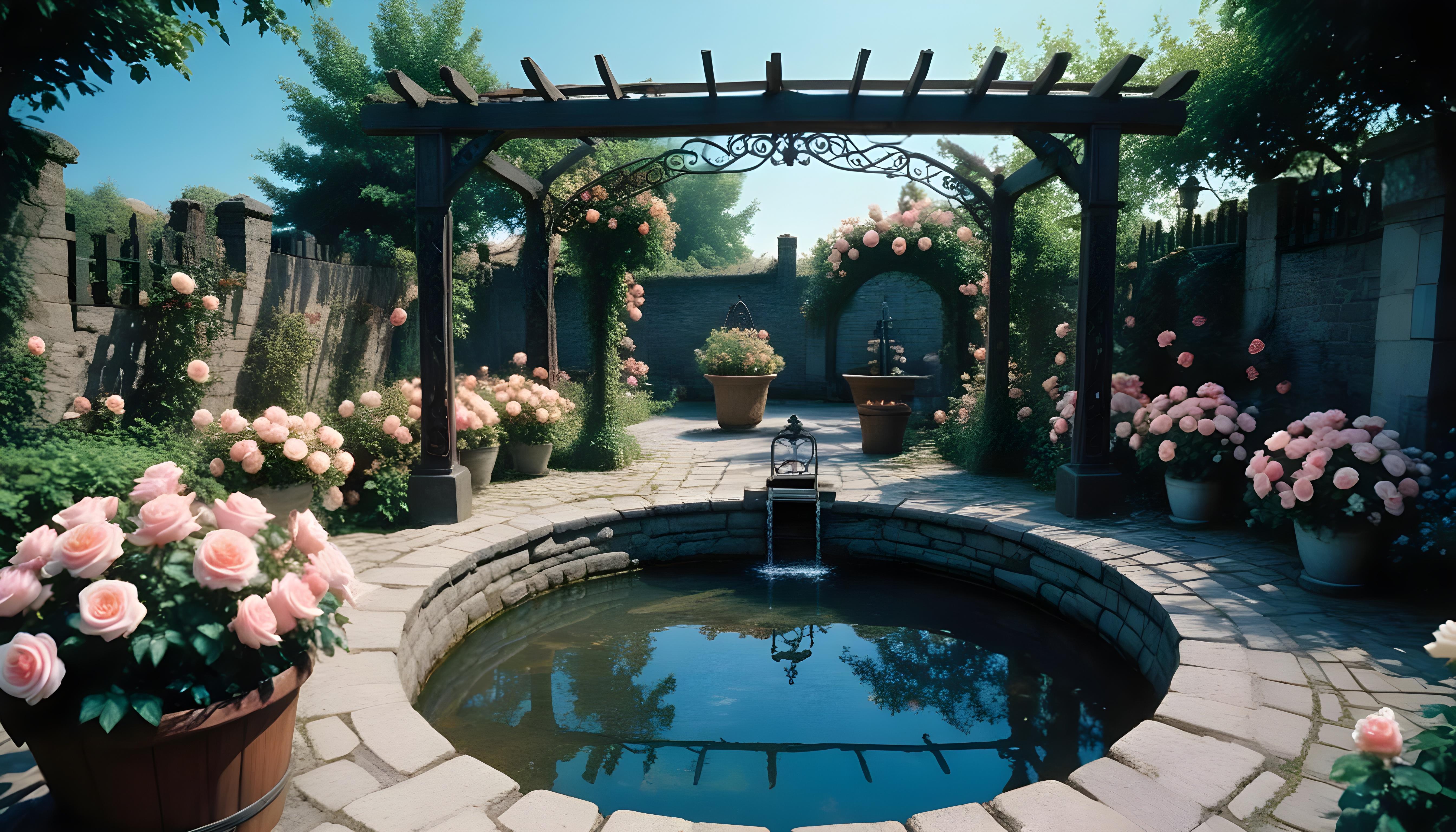 Beautiful Cottage Rose Garden with Blooming Flowers and Decorative Water Well