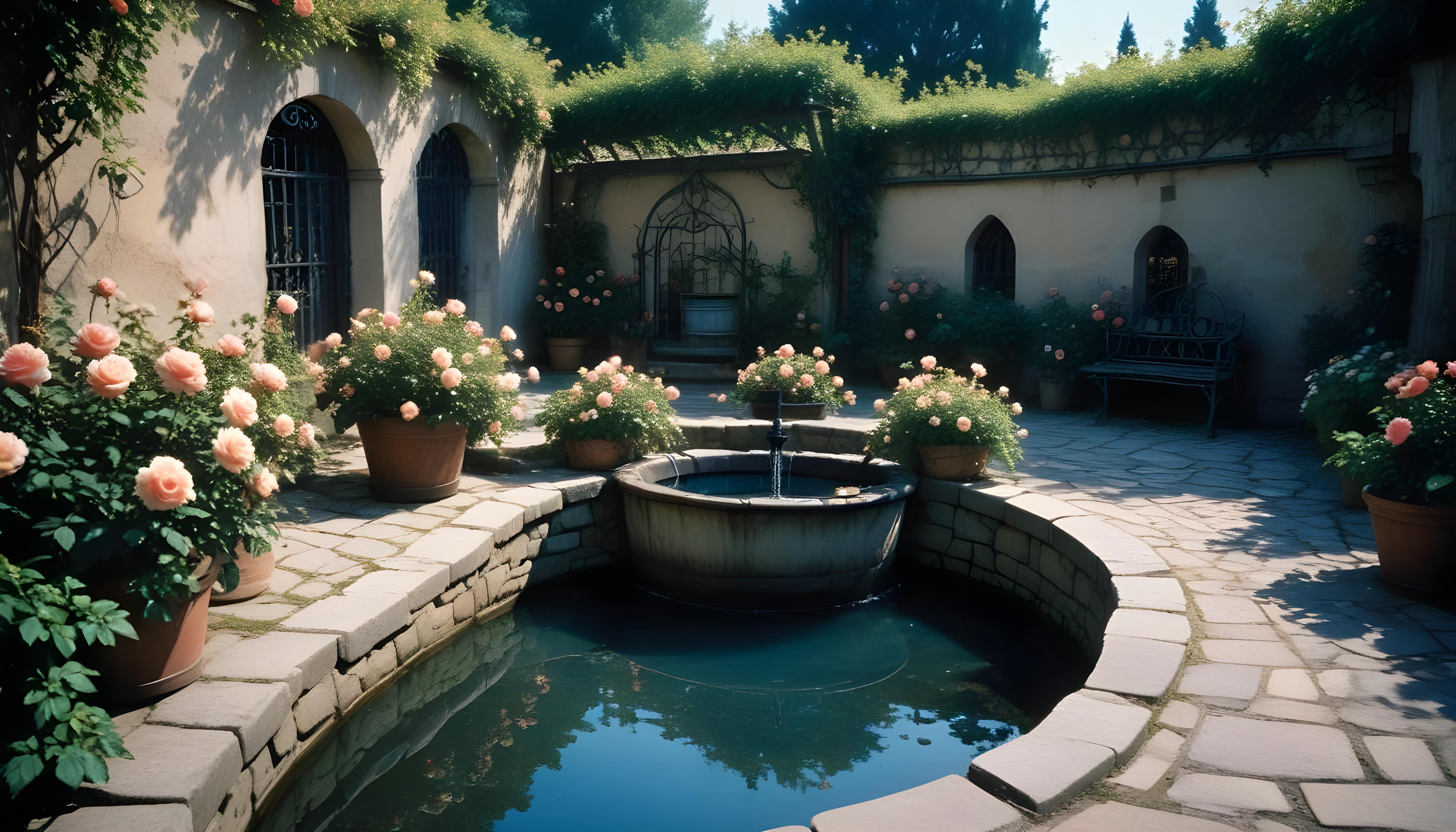 Beautiful Cottage Rose Garden with Blooming Flowers and Decorative Water Well