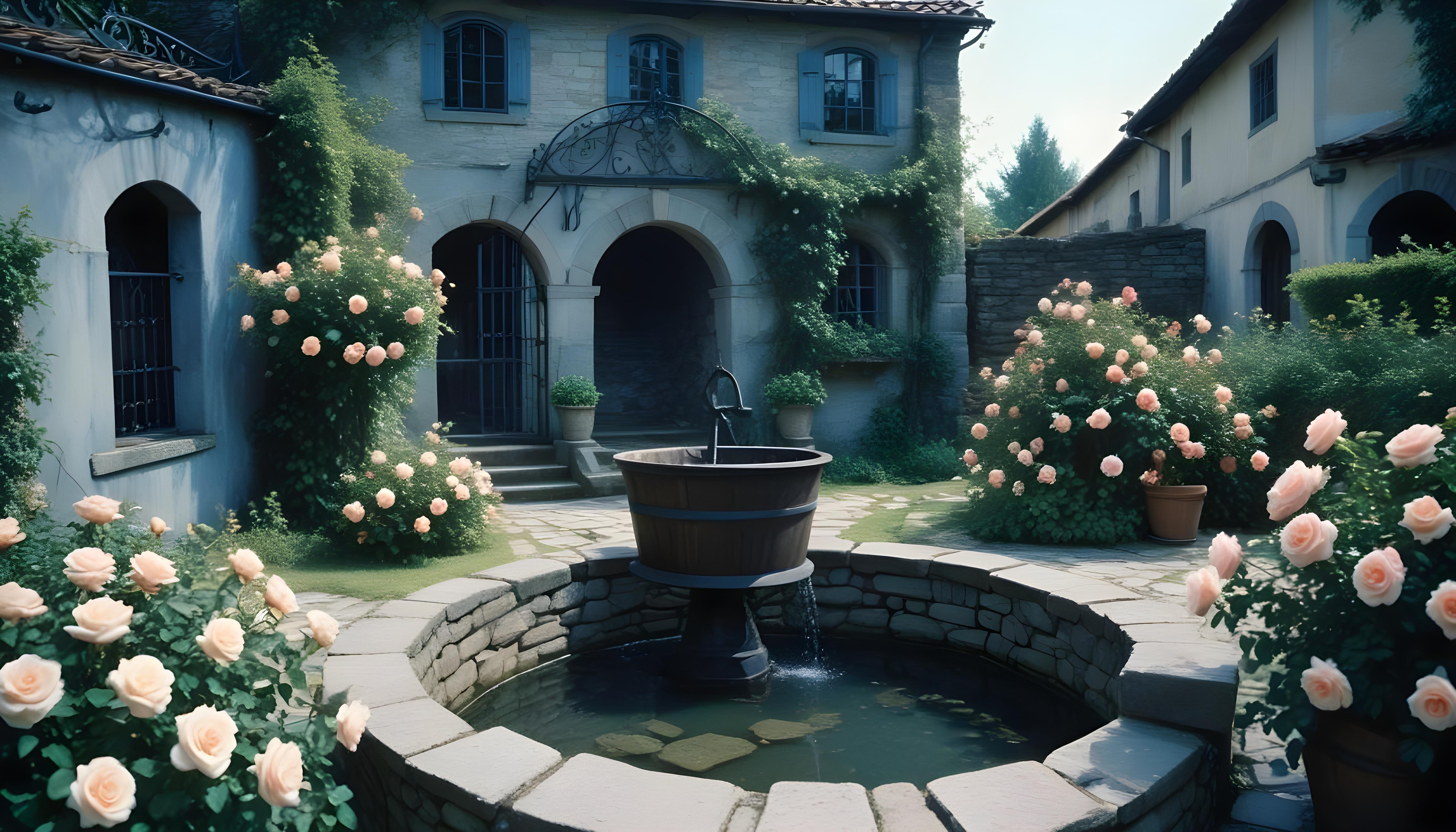 Beautiful Cottage Rose Garden with Blooming Flowers and Decorative Water Well