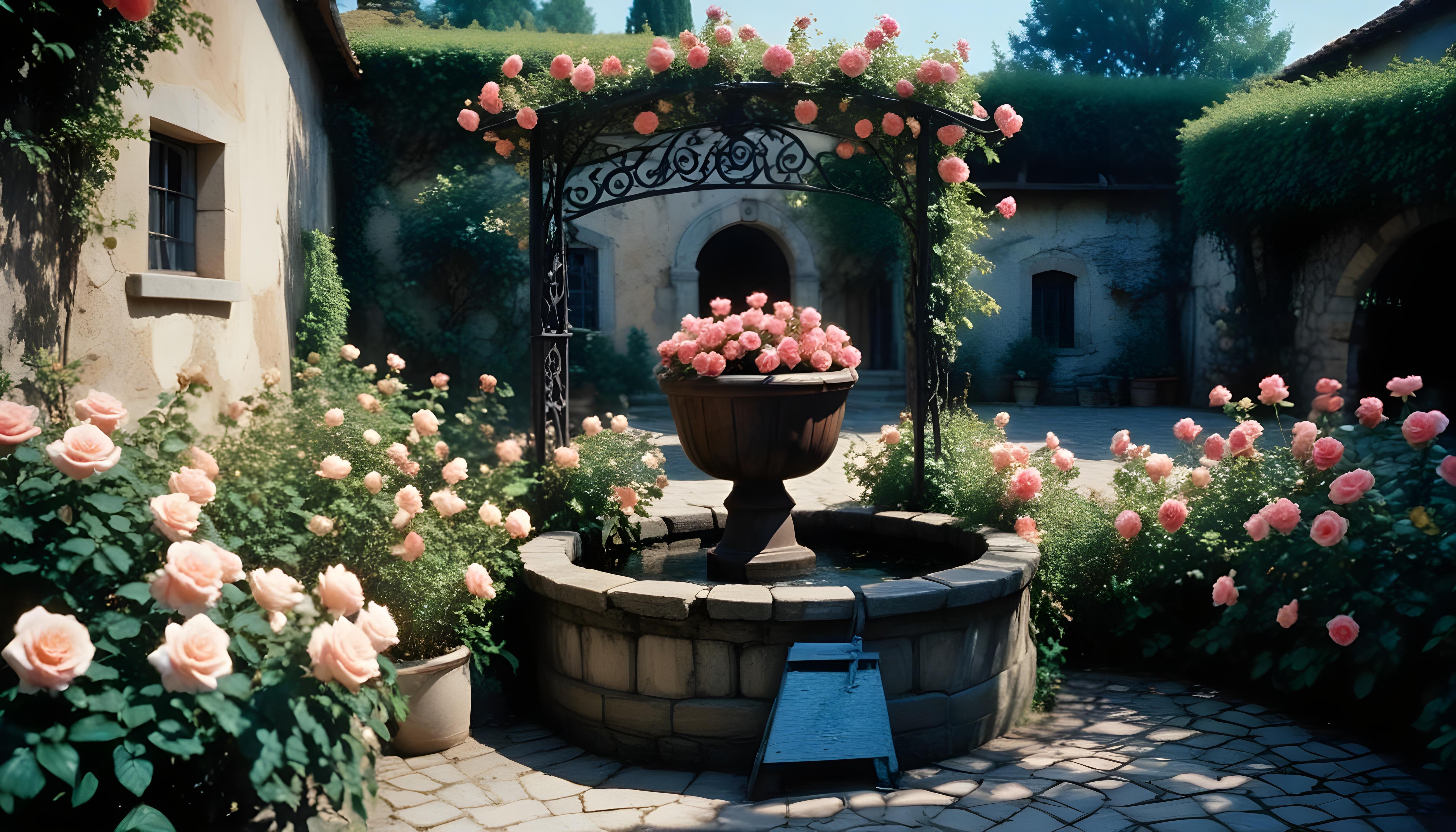 Beautiful Cottage Rose Garden with Blooming Flowers and Decorative Water Well