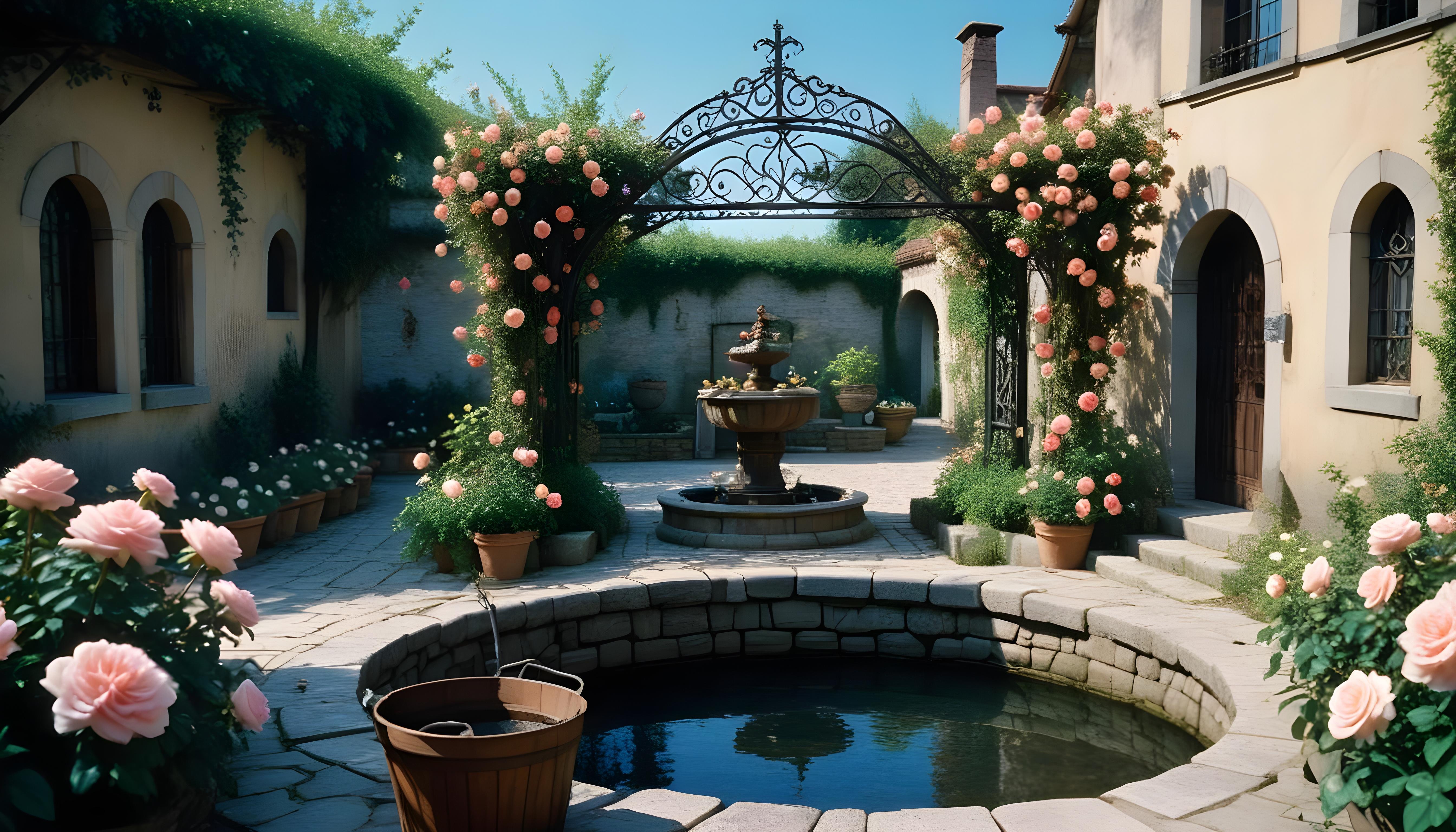 Beautiful Cottage Rose Garden with Blooming Flowers and Decorative Water Well