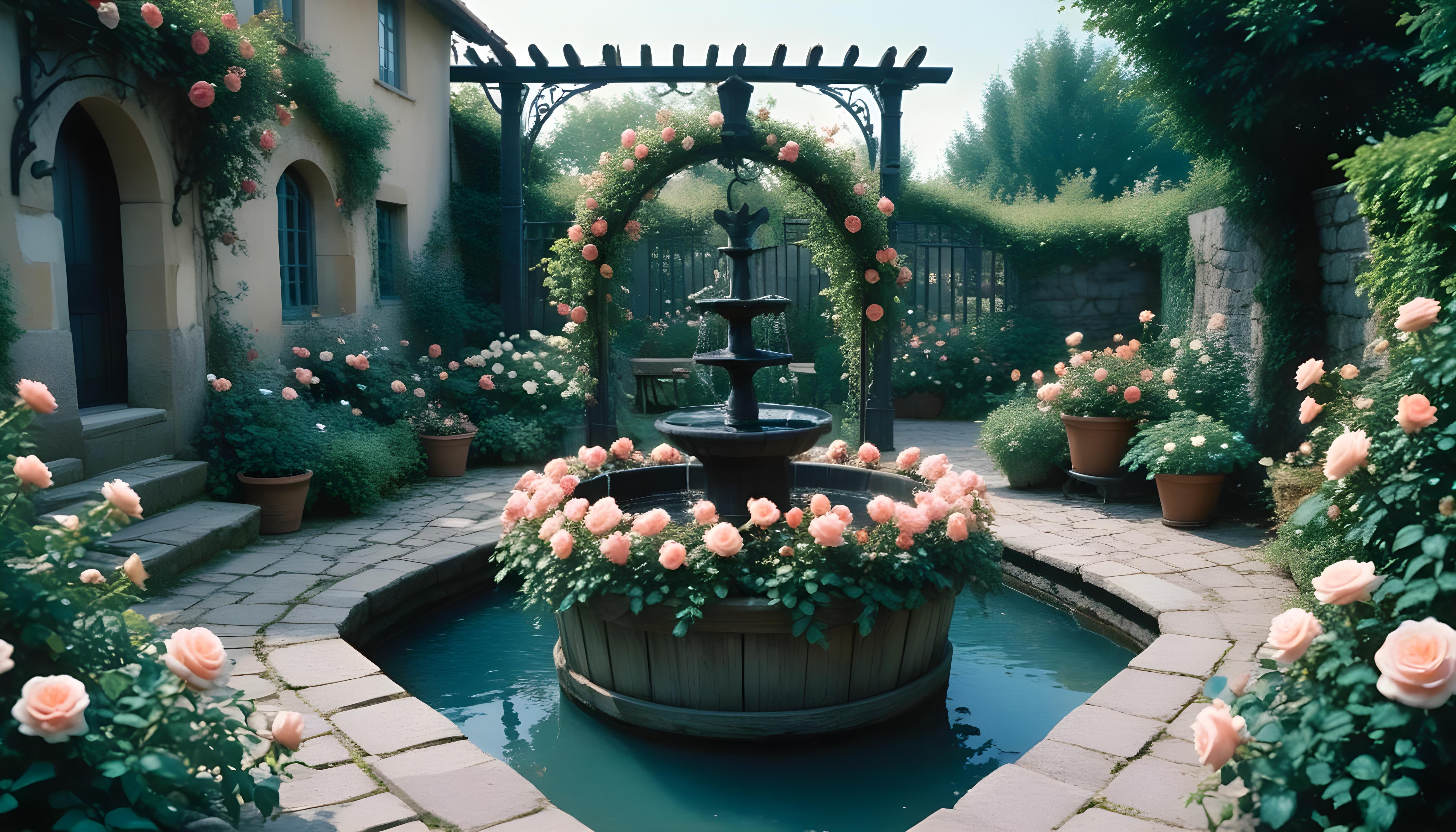 Beautiful Cottage Rose Garden with Blooming Flowers and Decorative Water Well
