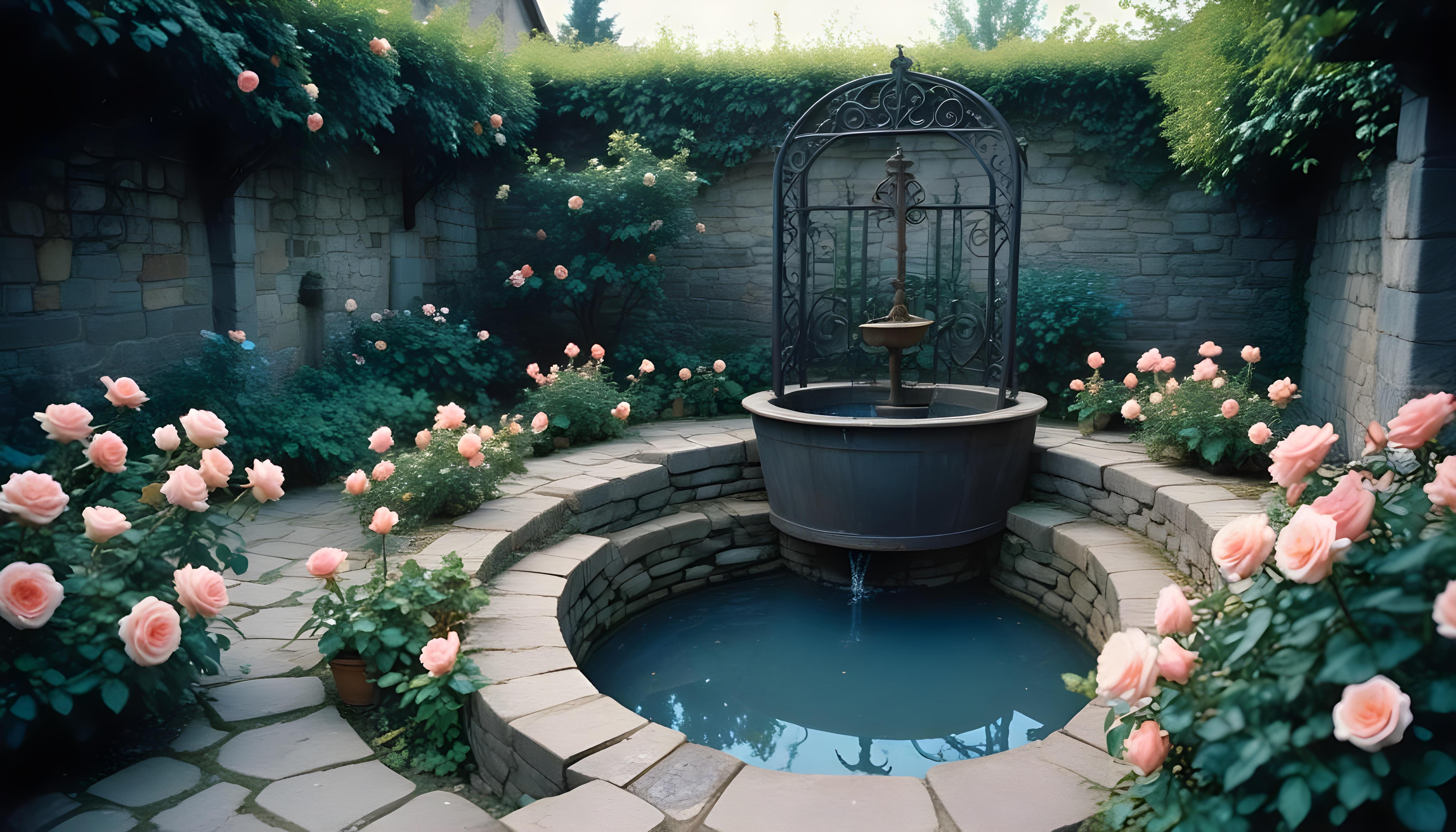 Beautiful Cottage Rose Garden with Blooming Flowers and Decorative Water Well