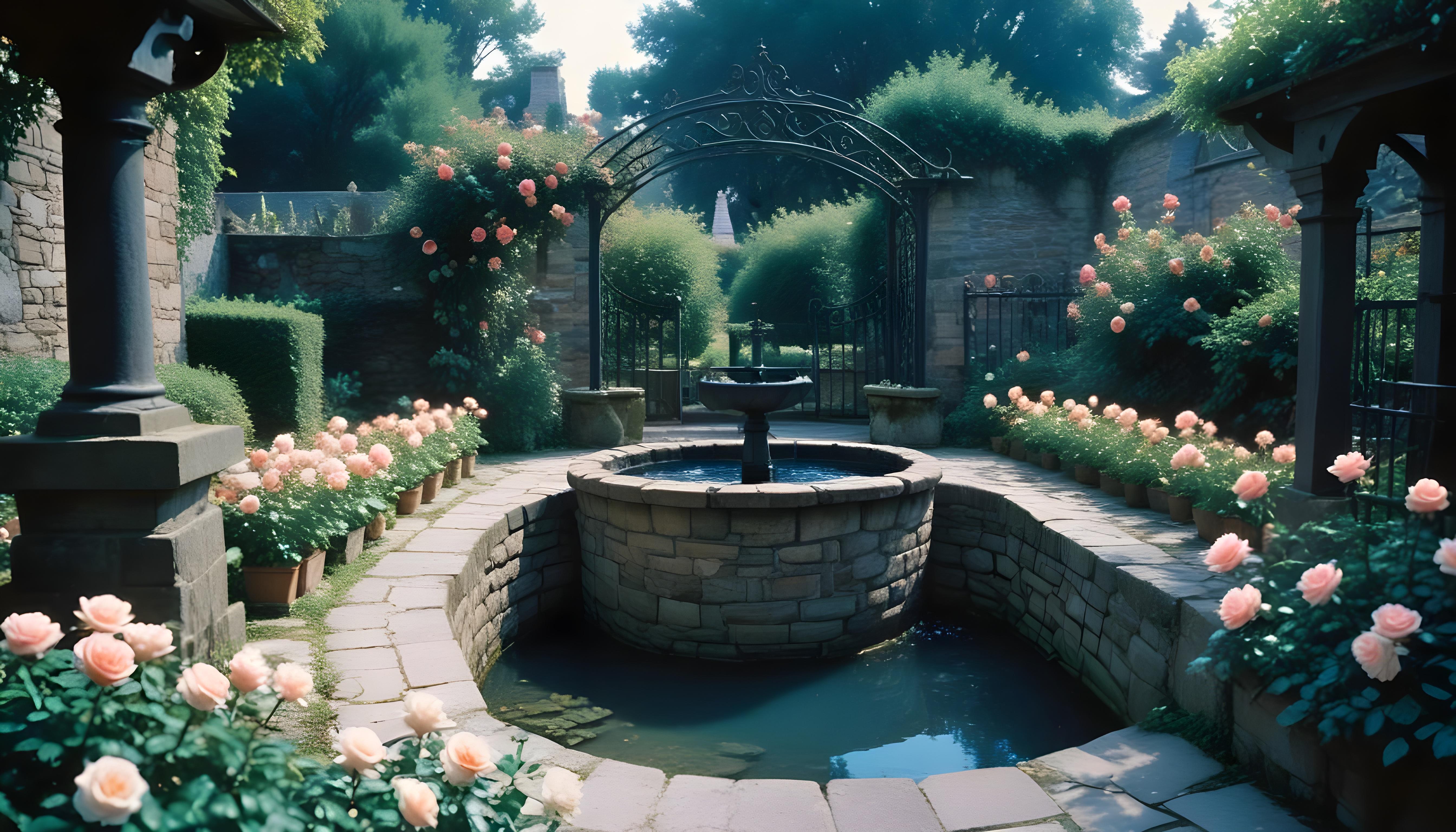 Beautiful Cottage Rose Garden with Blooming Flowers and Decorative Water Well