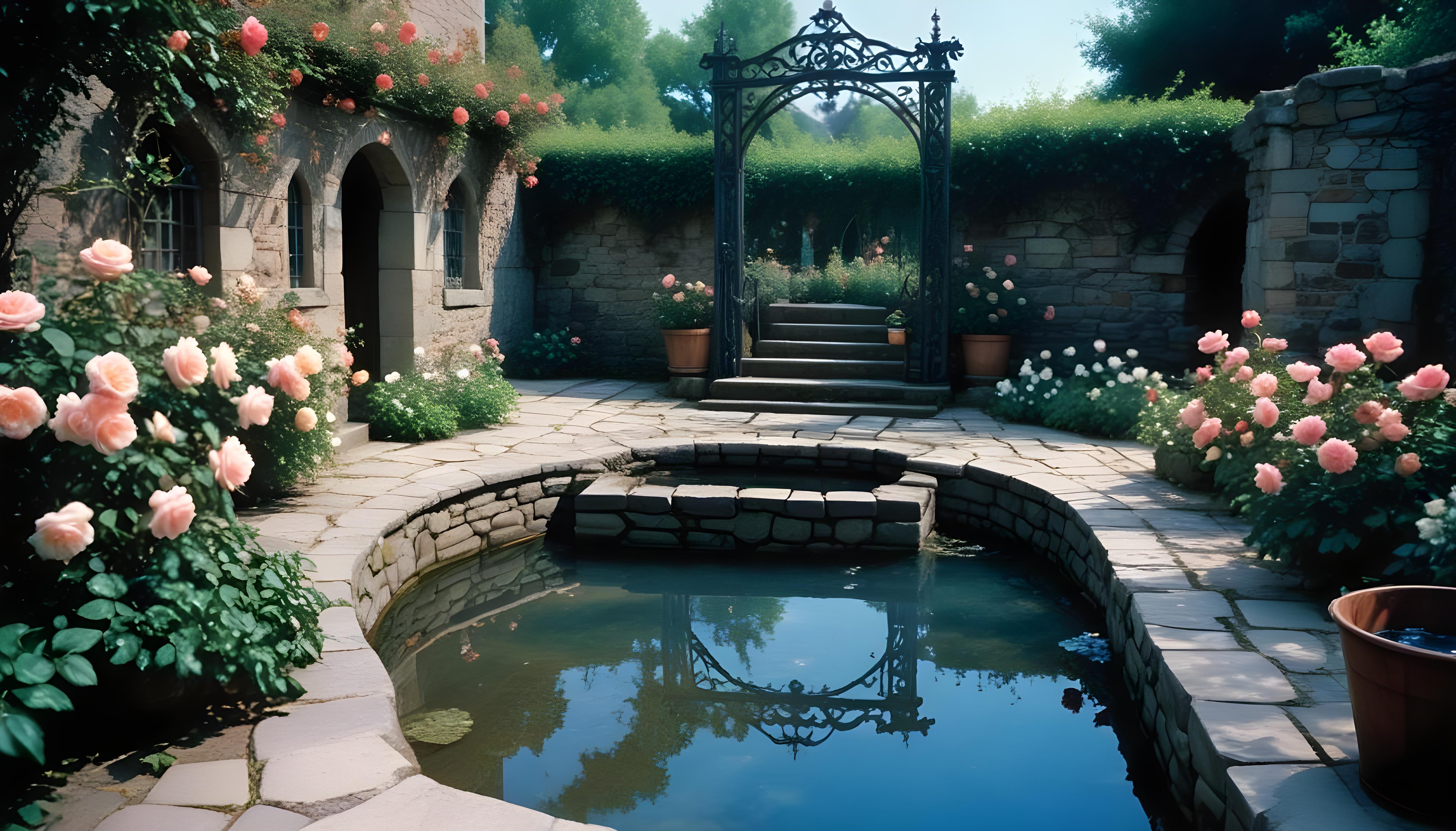 Beautiful Cottage Rose Garden with Blooming Flowers and Decorative Water Well