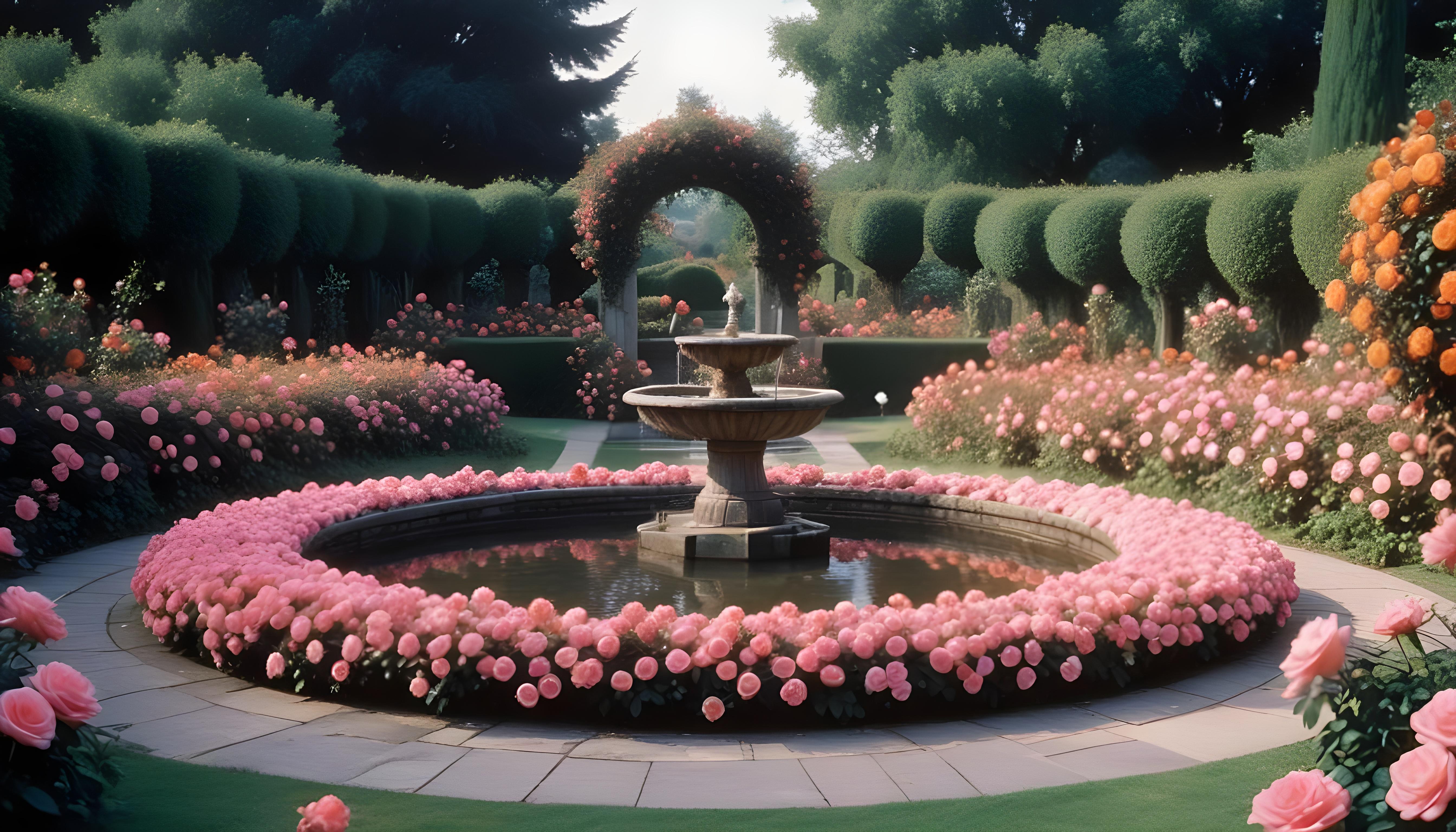 Beautiful Cottage Rose Garden with Blooming Flowers and Decorative Water Well