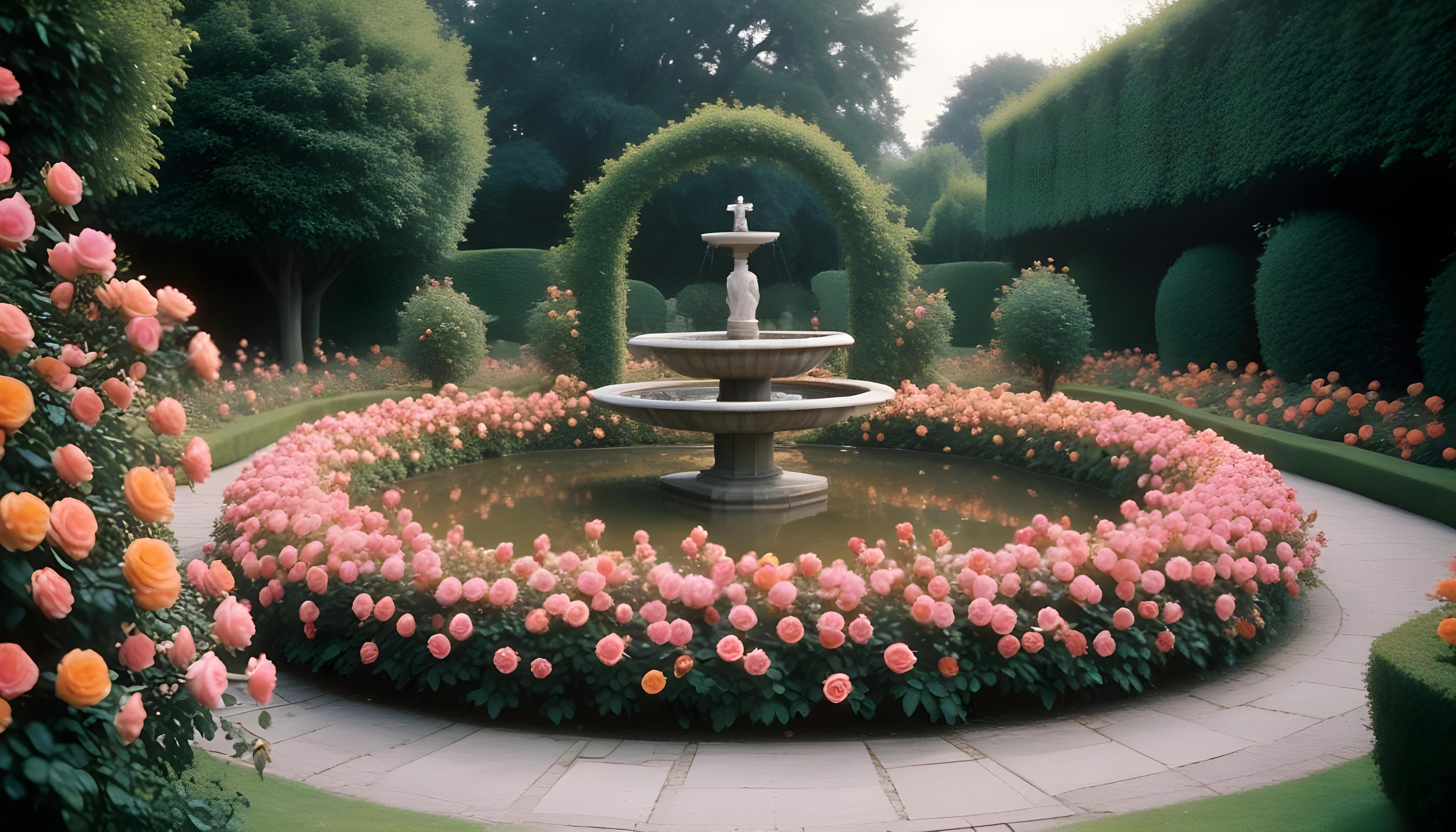 Beautiful Cottage Rose Garden with Blooming Flowers and Decorative Water Well