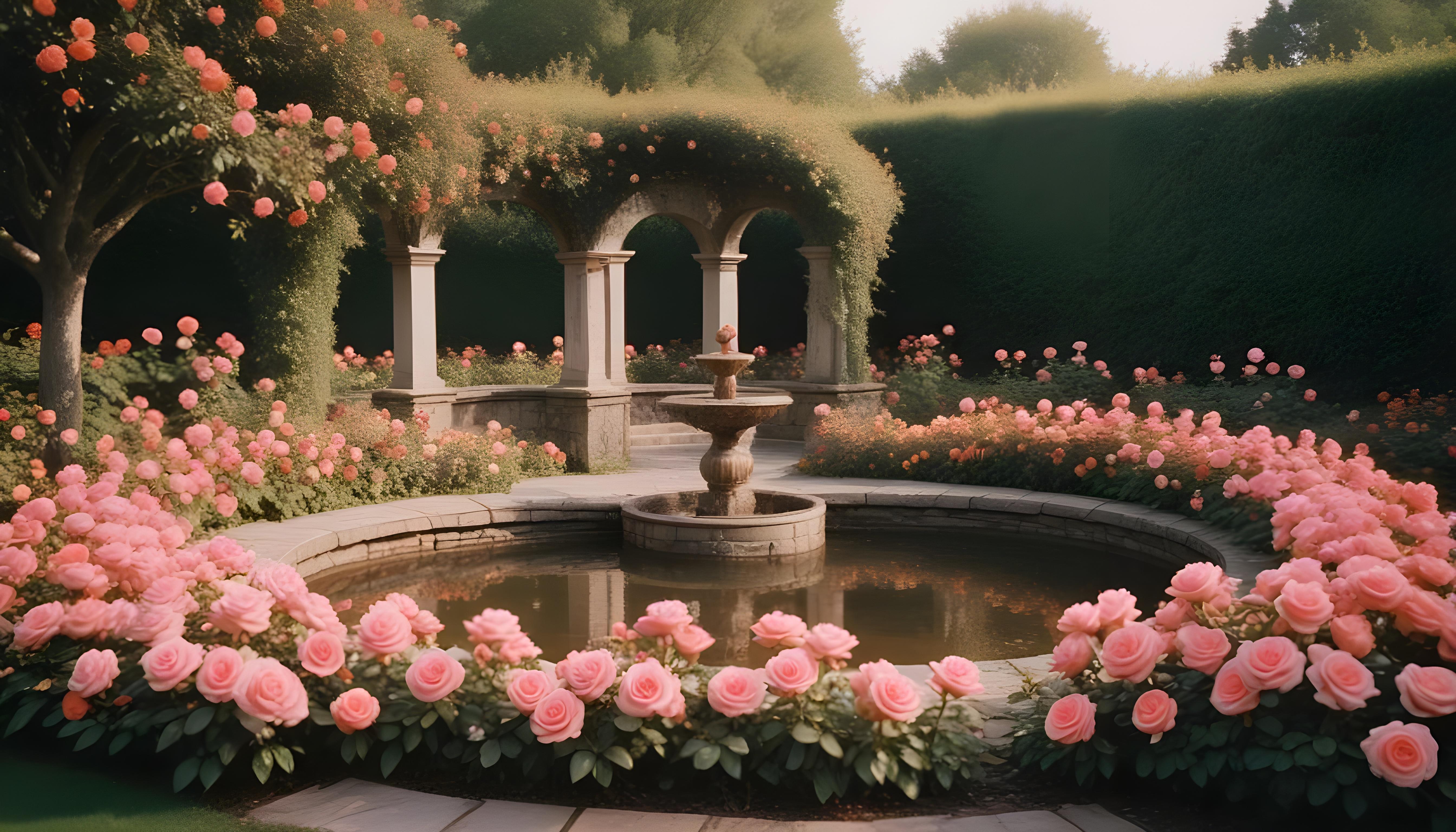Beautiful Cottage Rose Garden with Blooming Flowers and Decorative Water Well