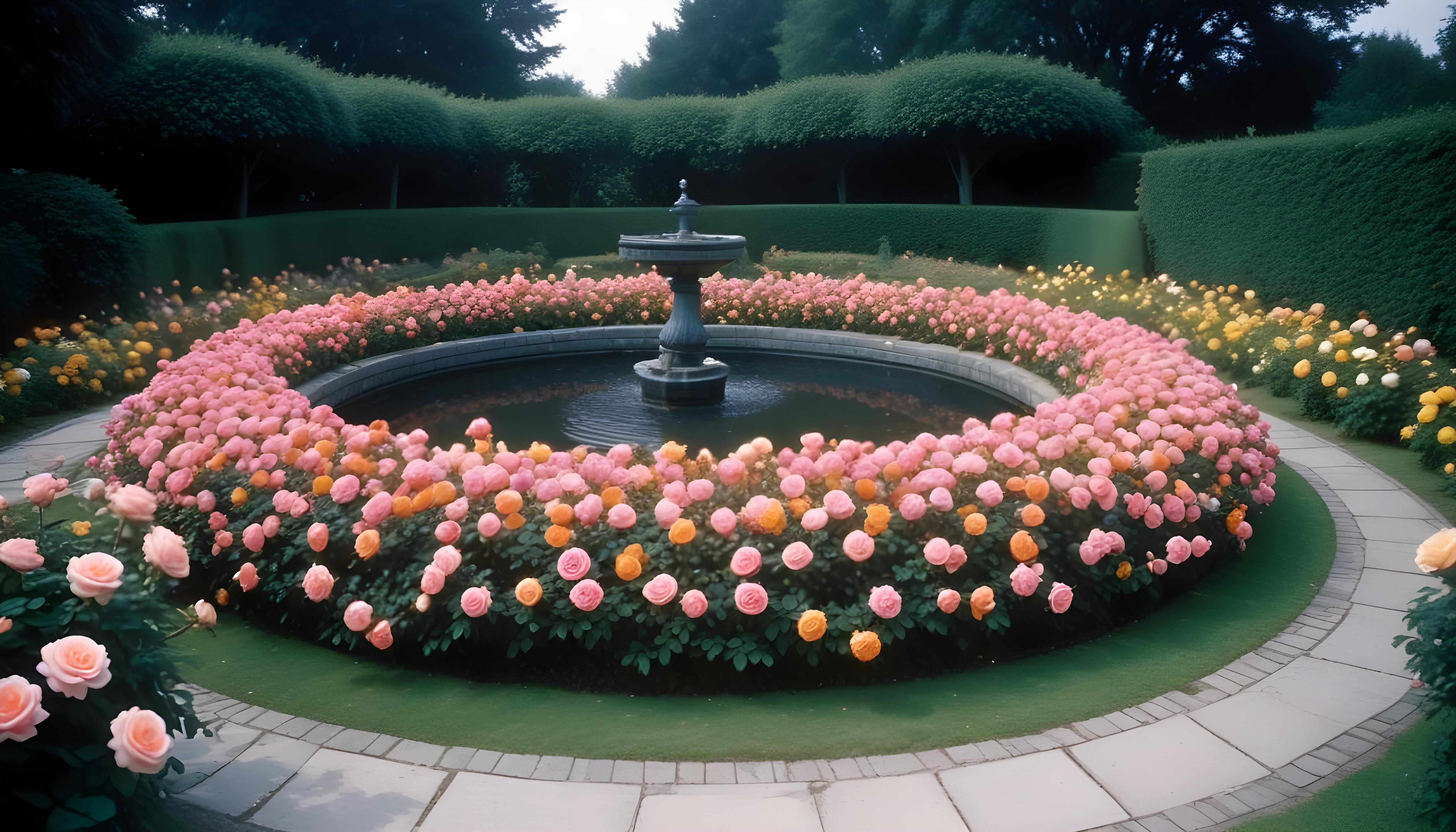 Beautiful Cottage Rose Garden with Blooming Flowers and Decorative Water Well
