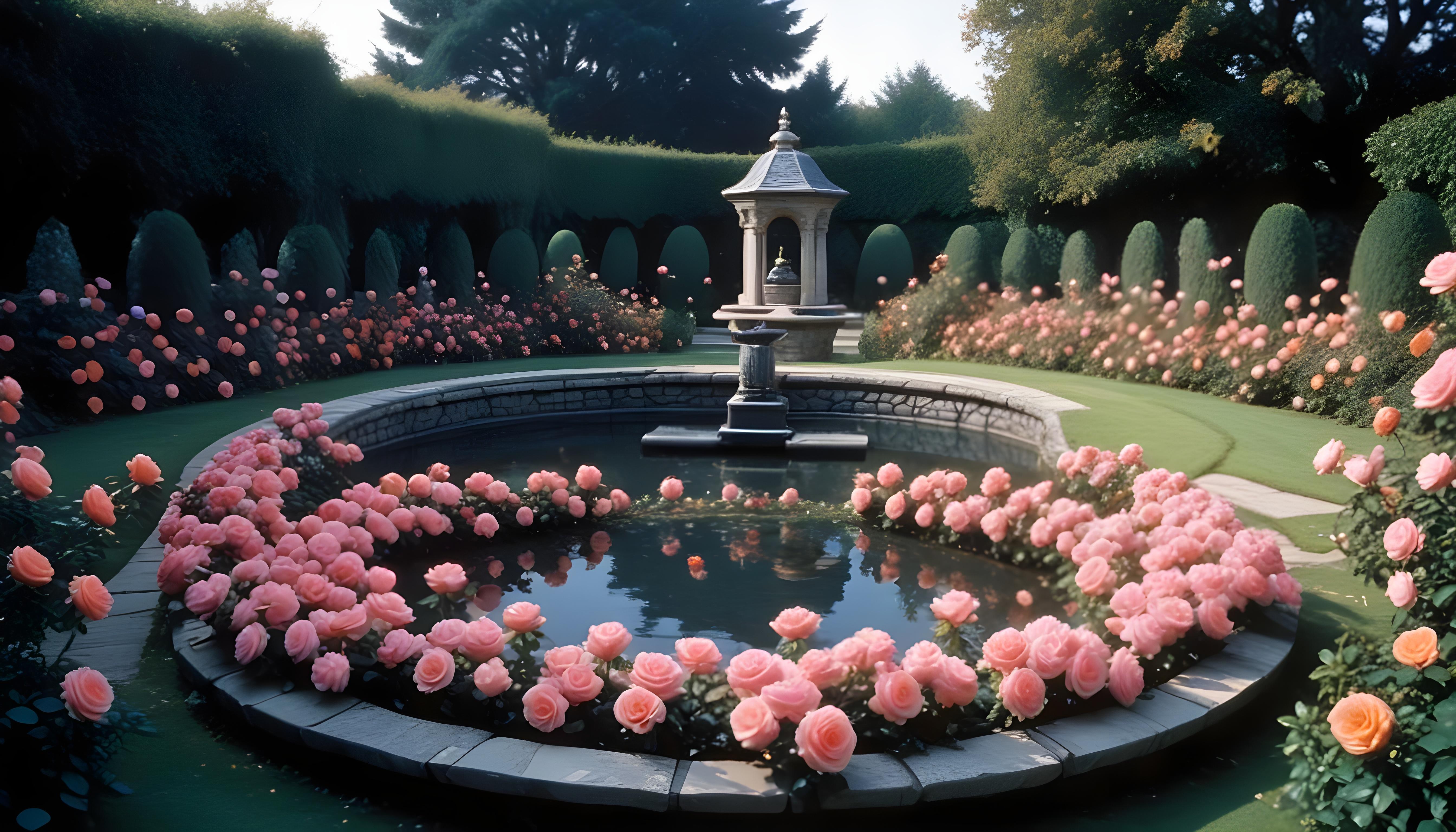 Beautiful Cottage Rose Garden with Blooming Flowers and Decorative Water Well