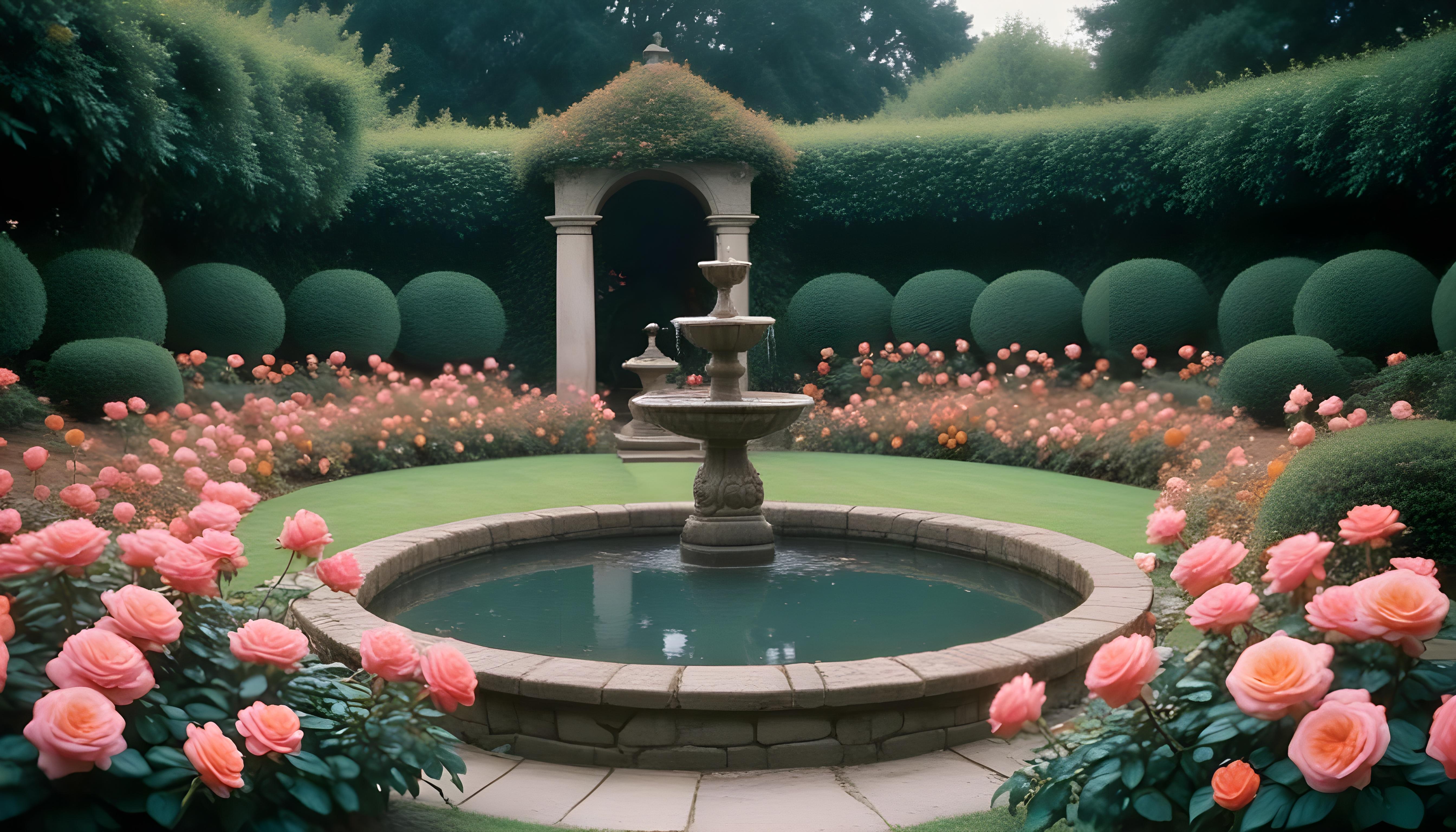 Beautiful Cottage Rose Garden with Blooming Flowers and Decorative Water Well