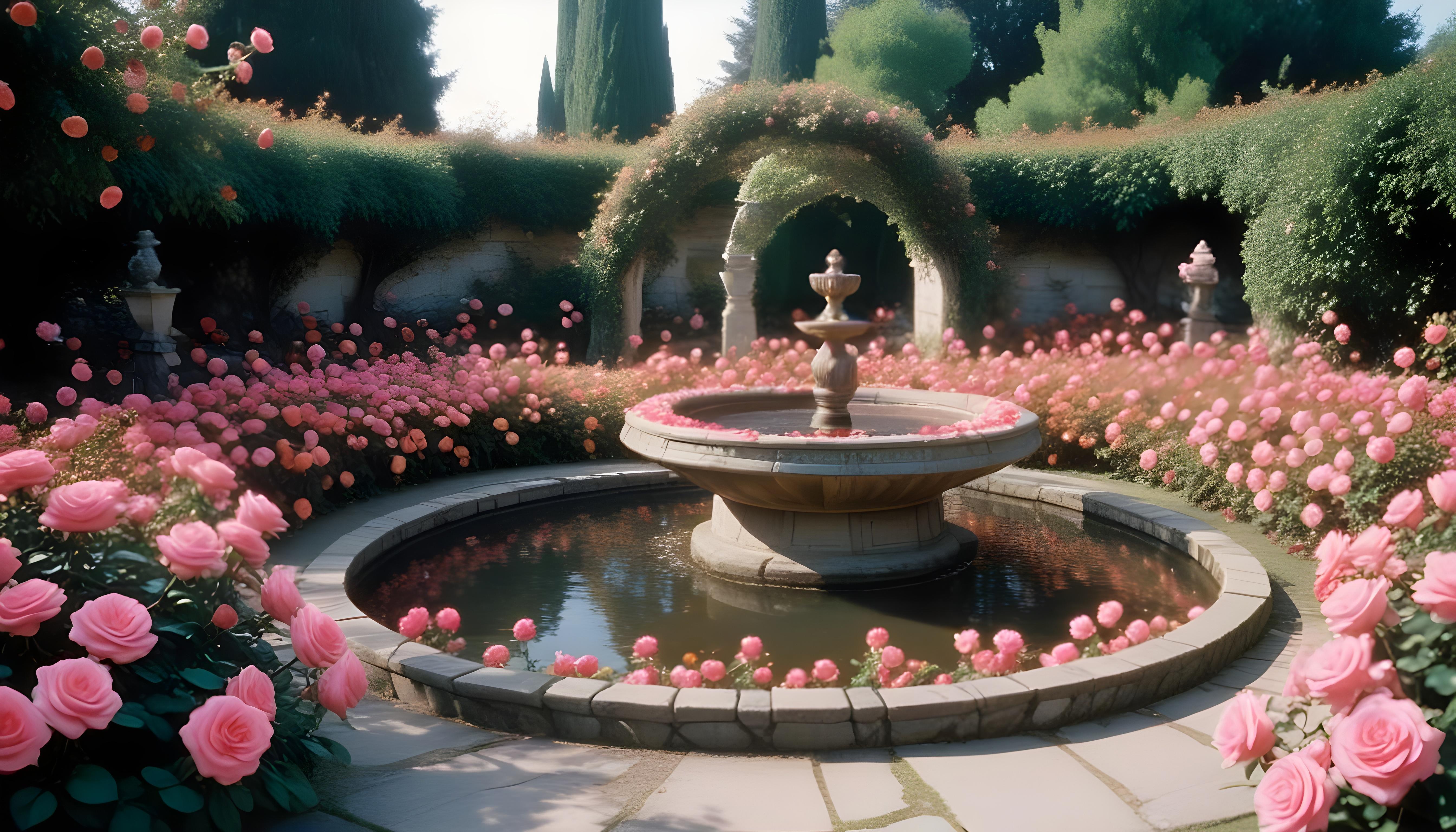 Beautiful Cottage Rose Garden with Blooming Flowers and Decorative Water Well