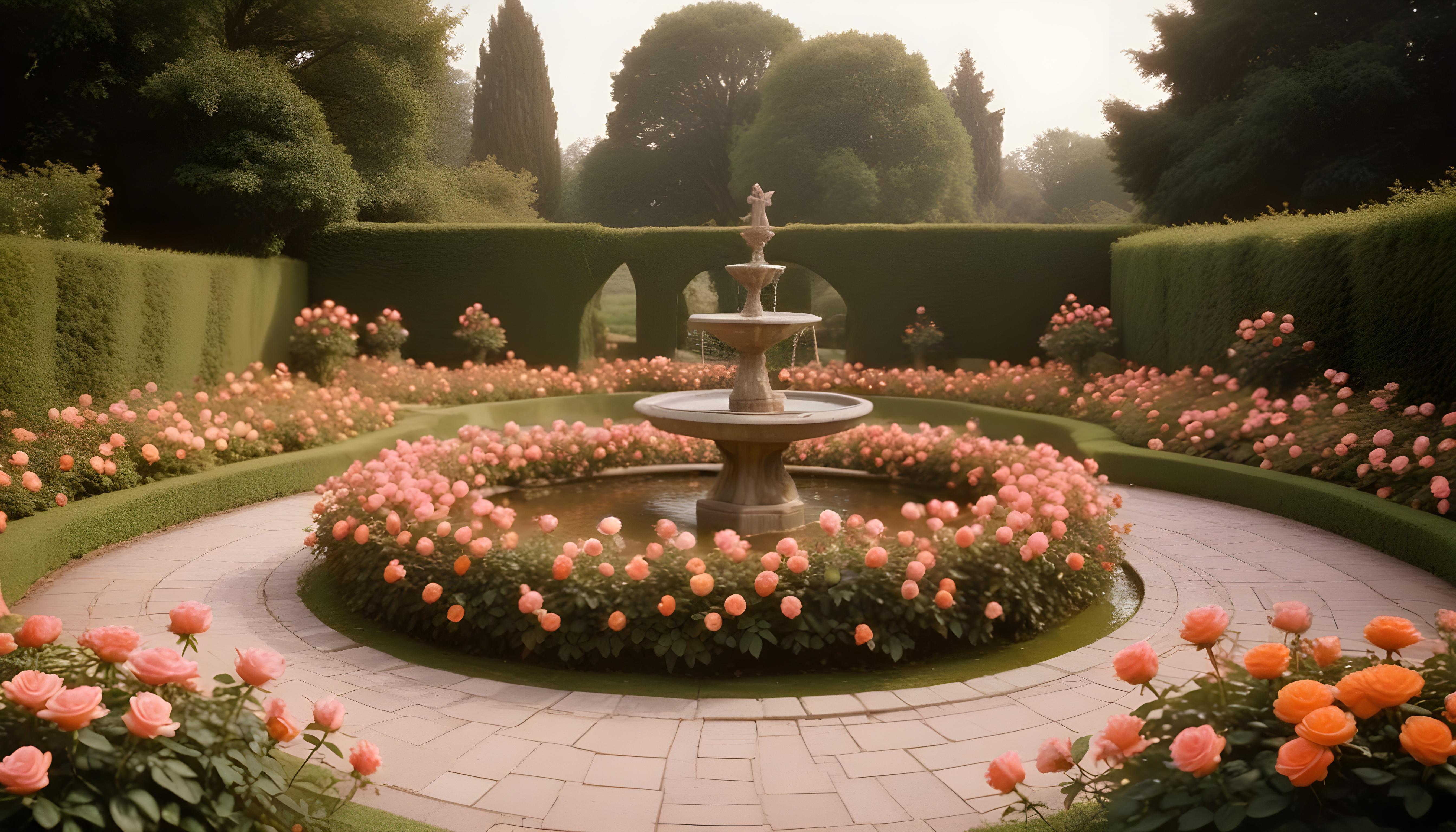 Beautiful Cottage Rose Garden with Blooming Flowers and Decorative Water Well