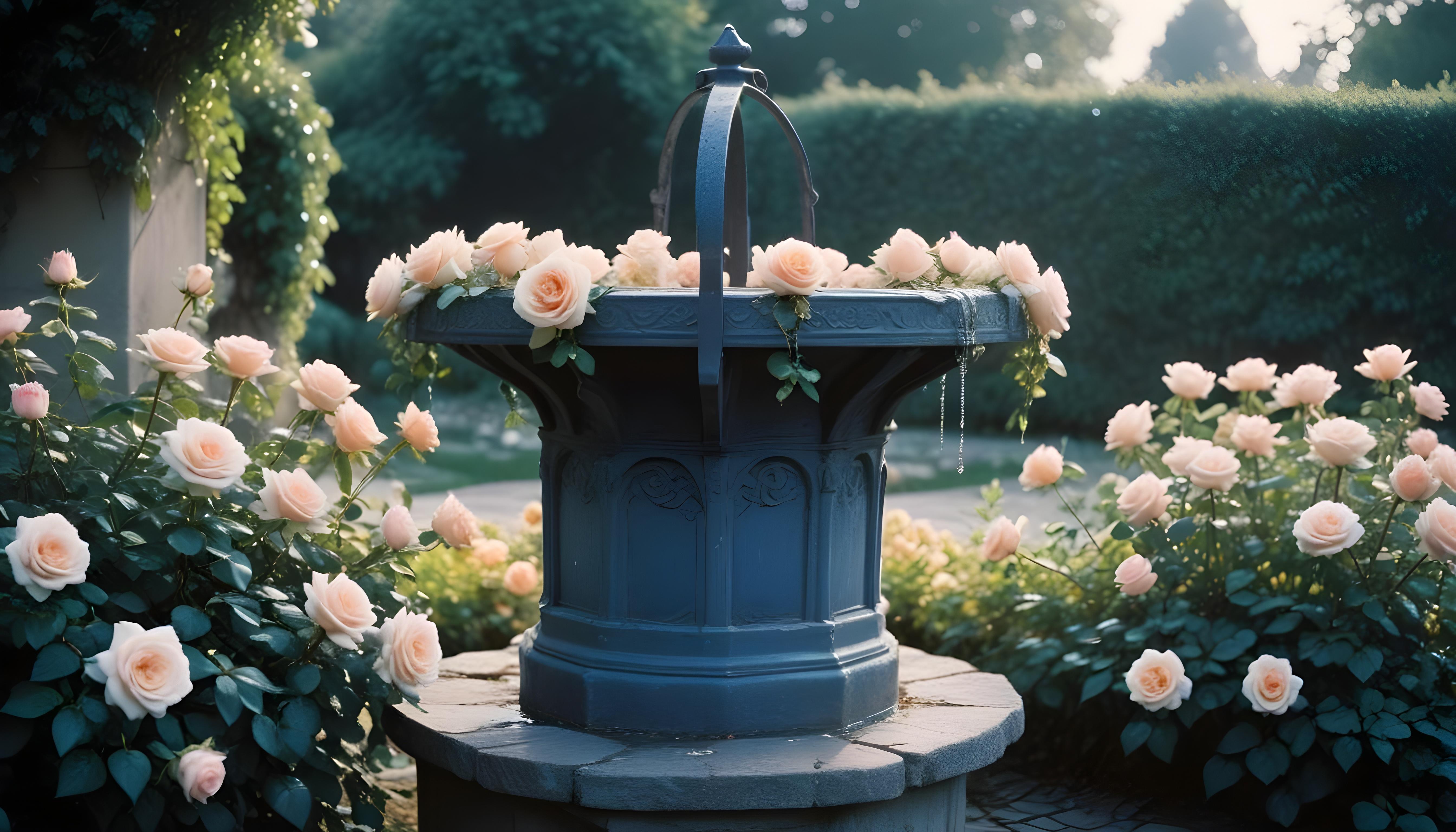 Beautiful Cottage Rose Garden with Blooming Flowers and Decorative Water Well
