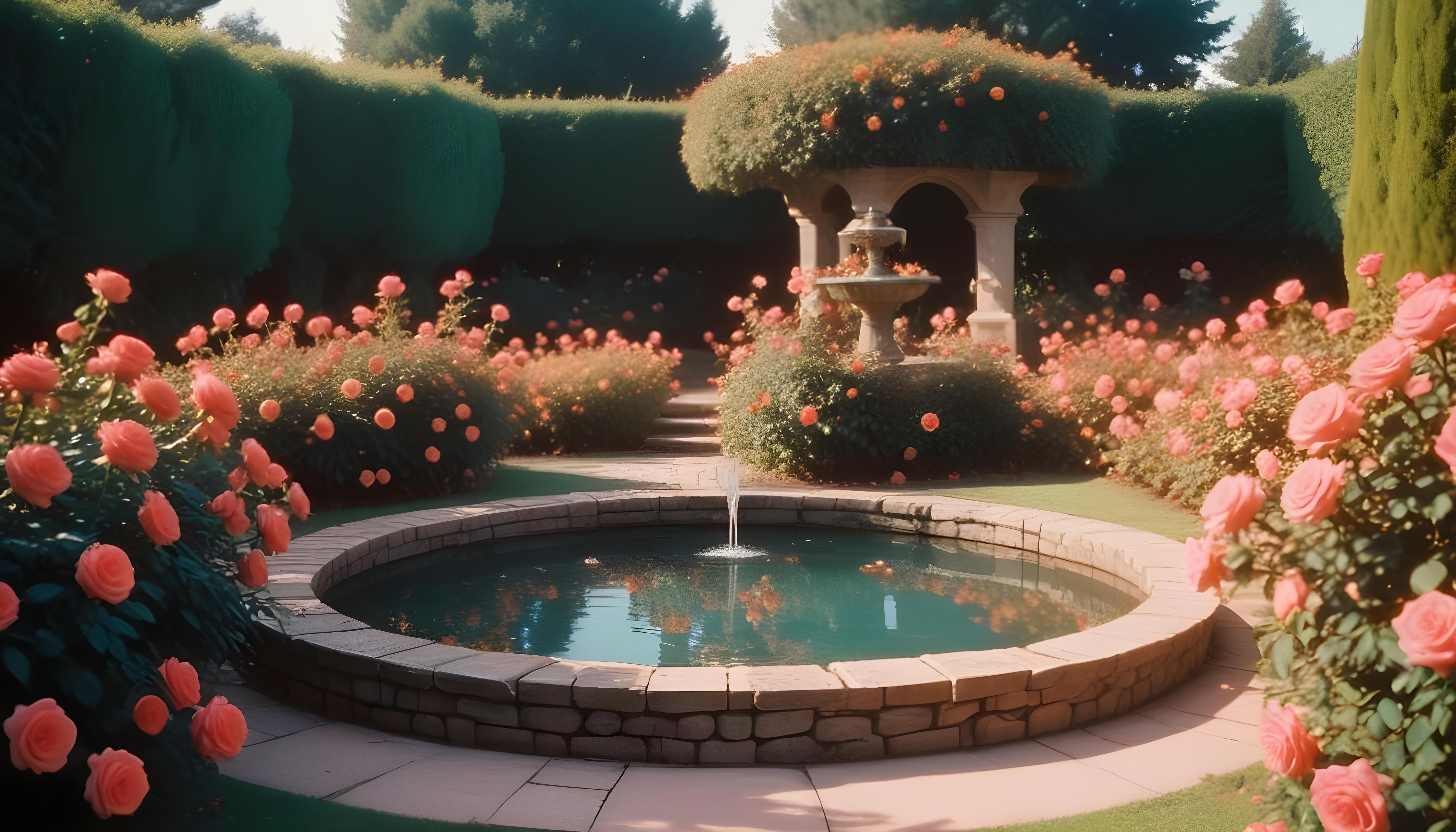 Beautiful Cottage Rose Garden with Blooming Flowers and Decorative Water Well