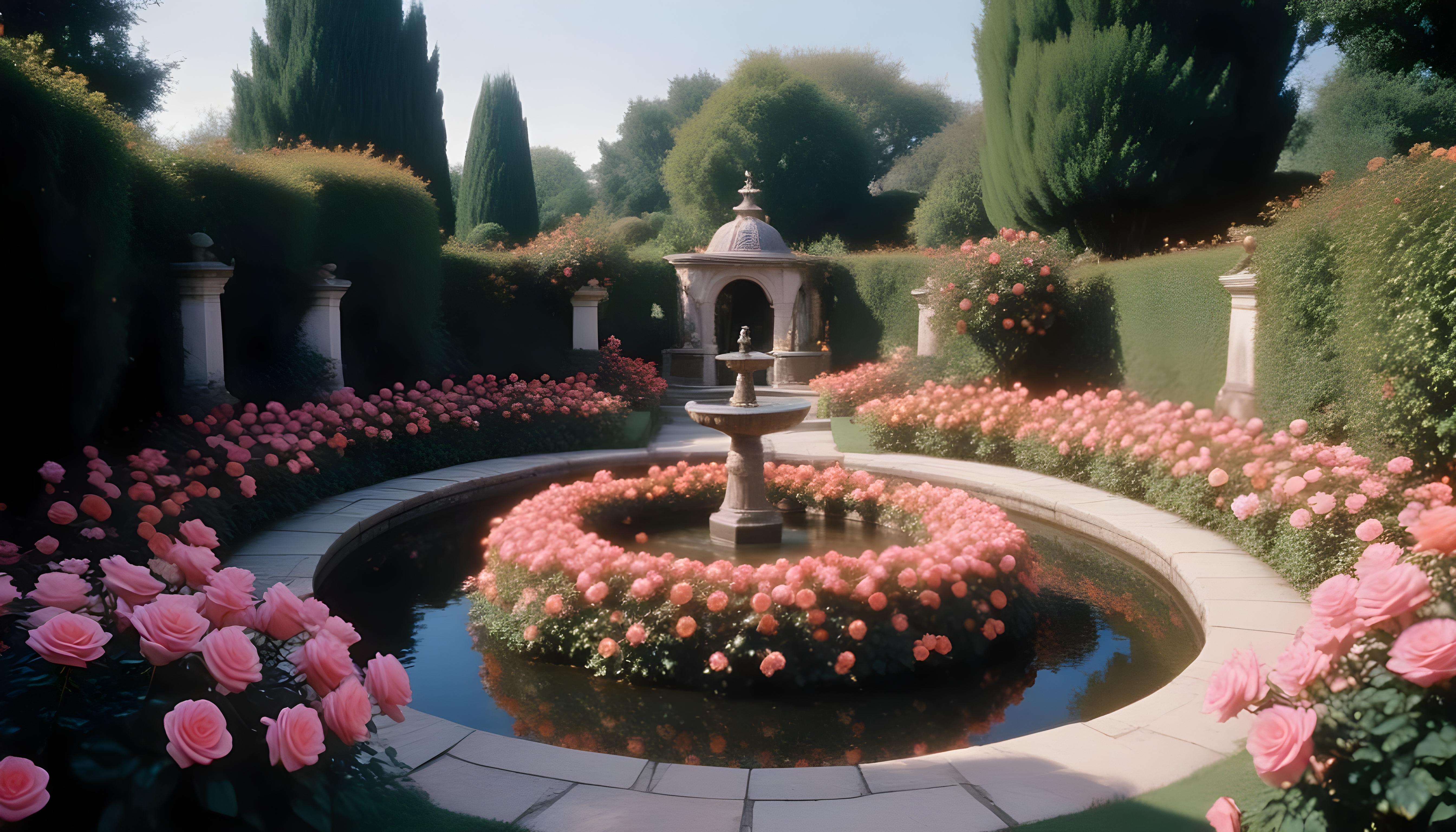 Beautiful Cottage Rose Garden with Blooming Flowers and Decorative Water Well