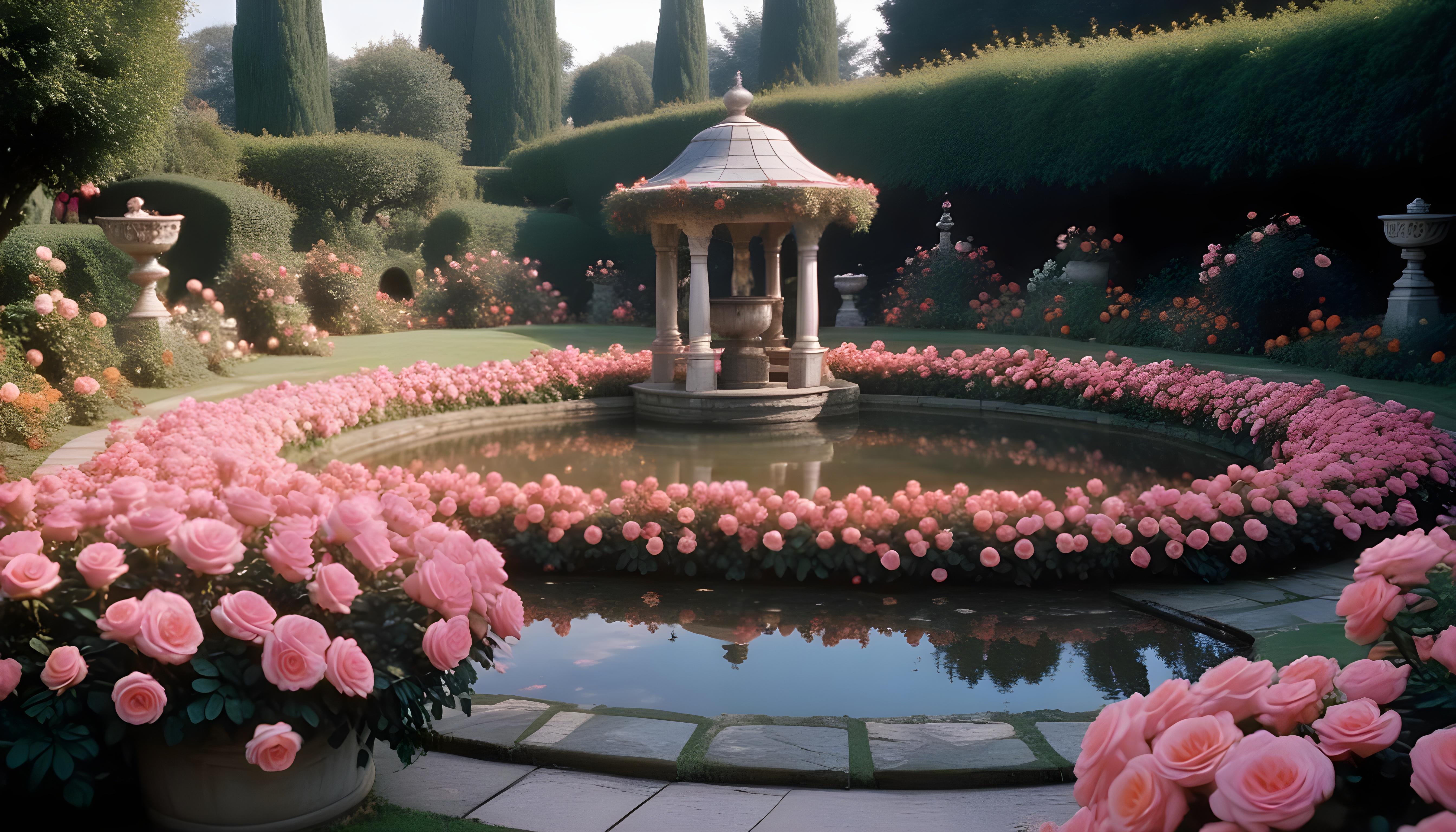 Beautiful Cottage Rose Garden with Blooming Flowers and Decorative Water Well