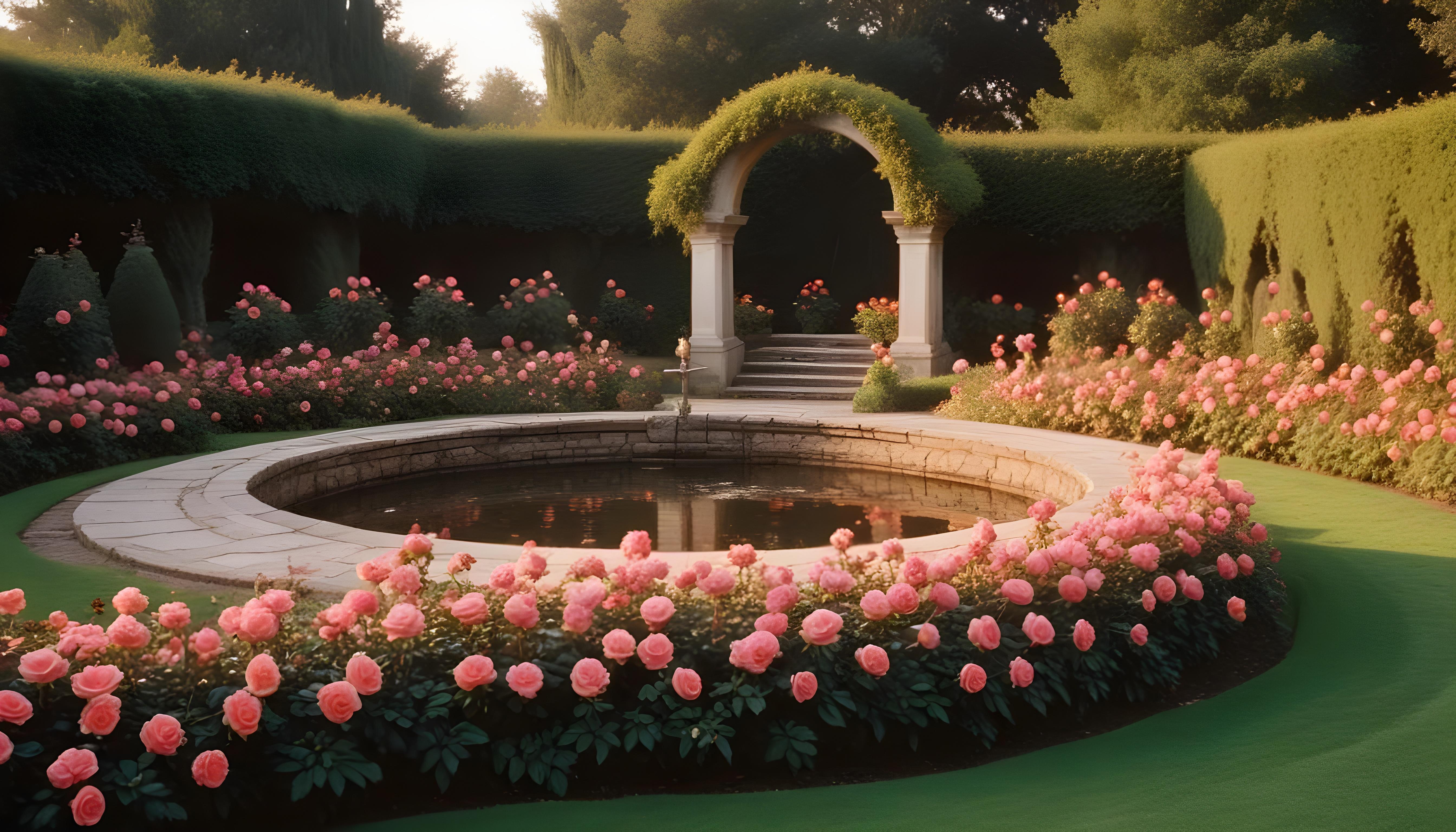 Beautiful Cottage Rose Garden with Blooming Flowers and Decorative Water Well