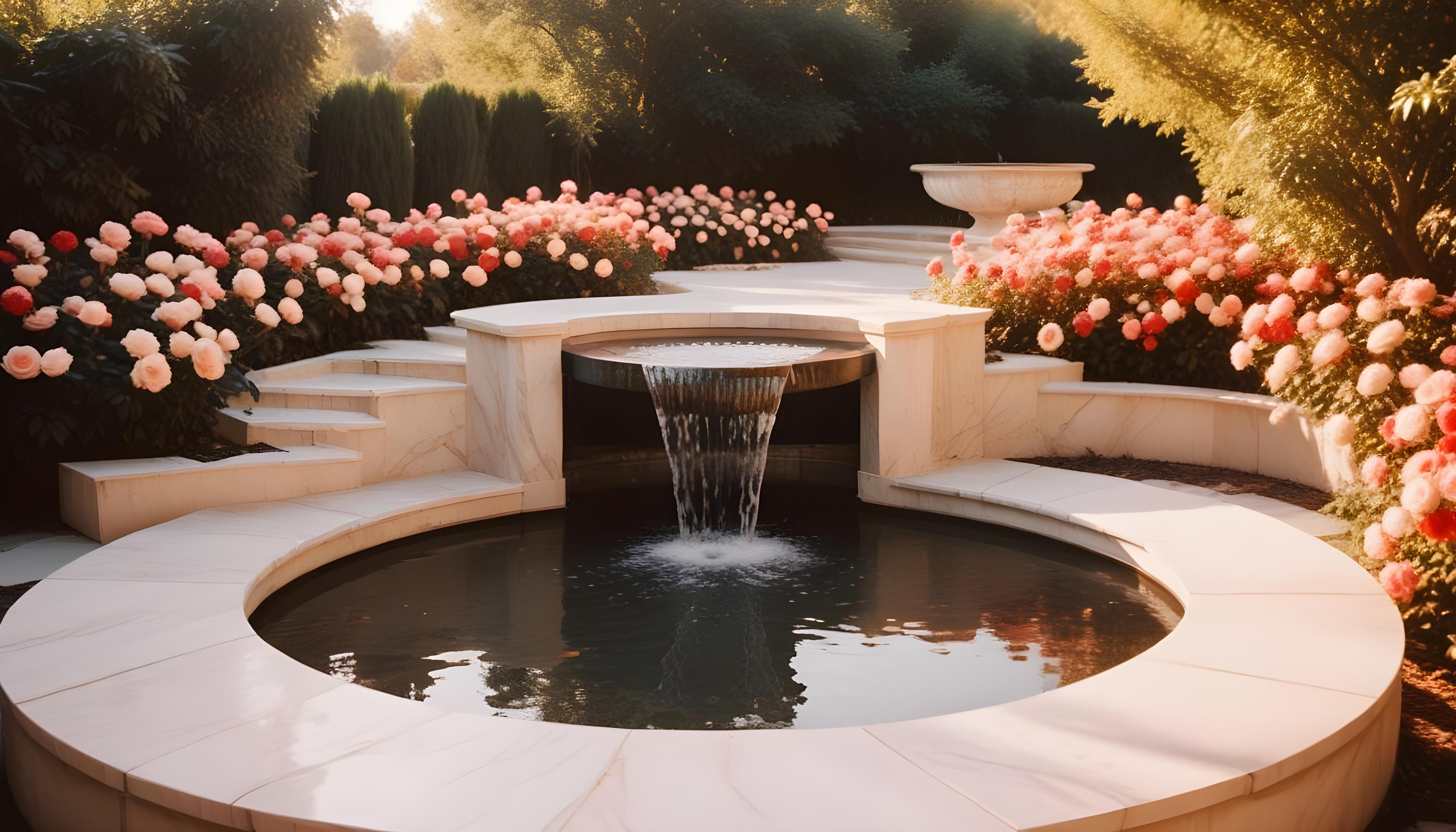 Beautiful Cottage Rose Garden with Blooming Flowers and Decorative Water Well
