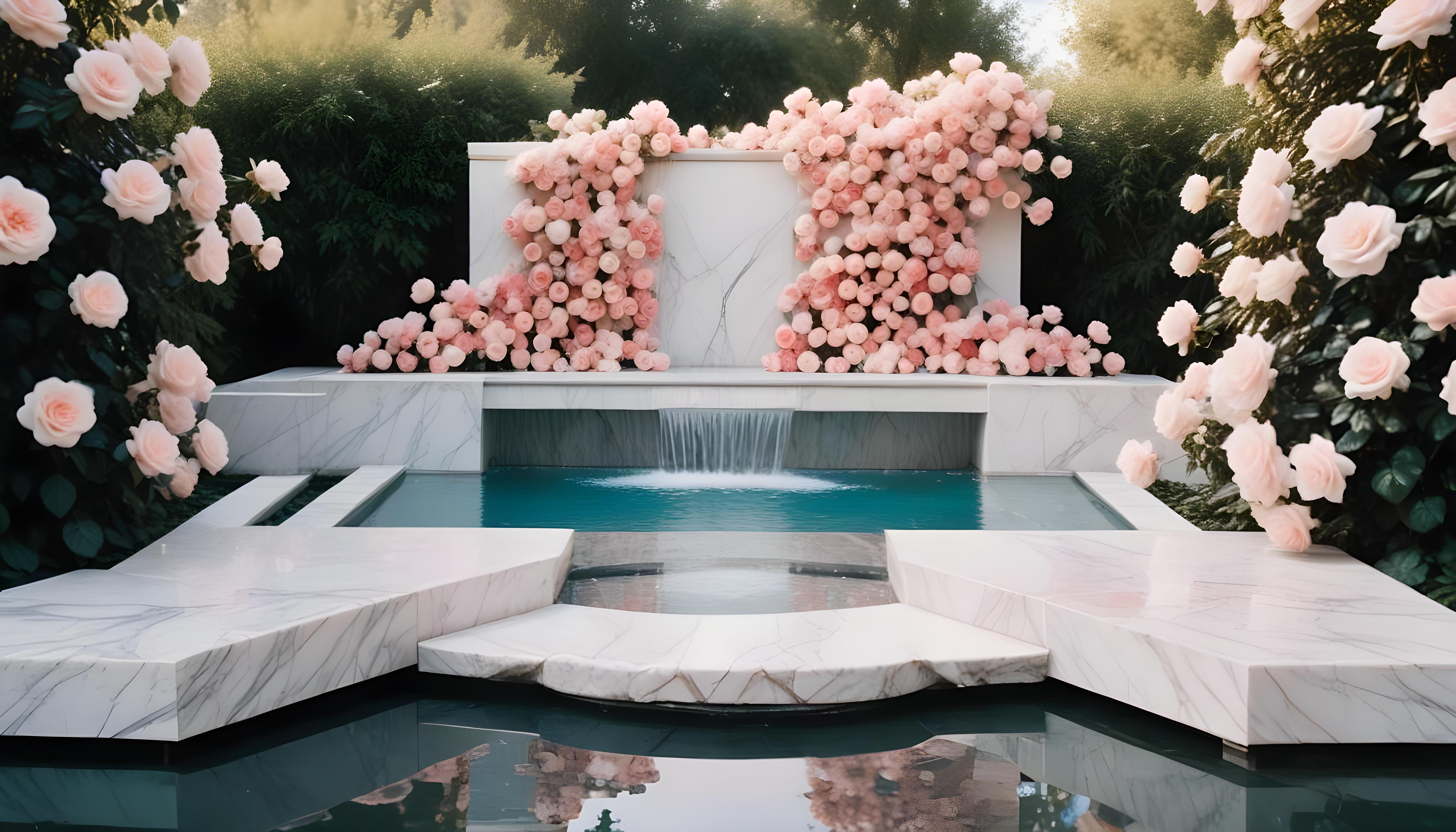 Beautiful Cottage Rose Garden with Blooming Flowers and Decorative Water Well