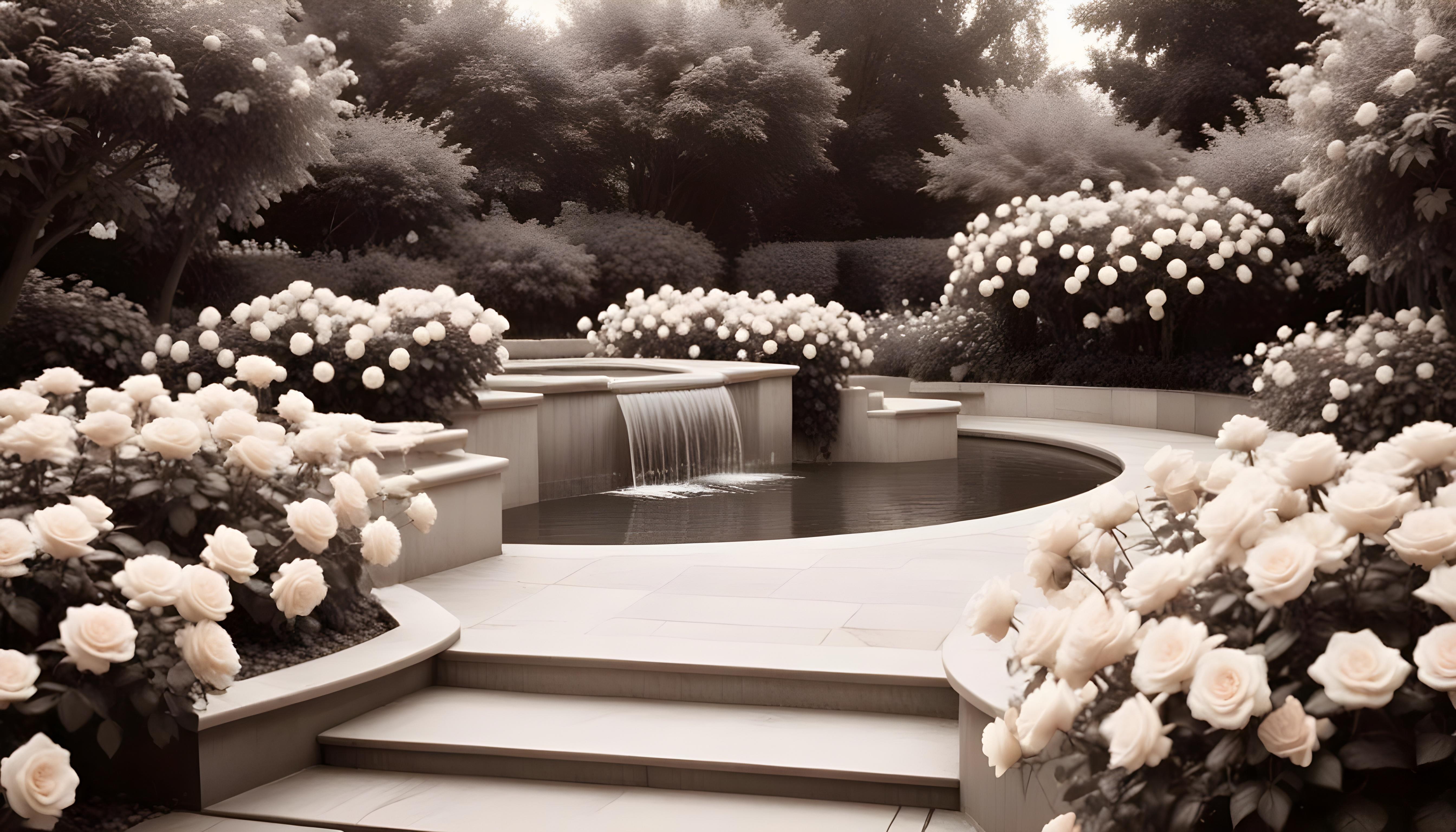 Beautiful Cottage Rose Garden with Blooming Flowers and Decorative Water Well