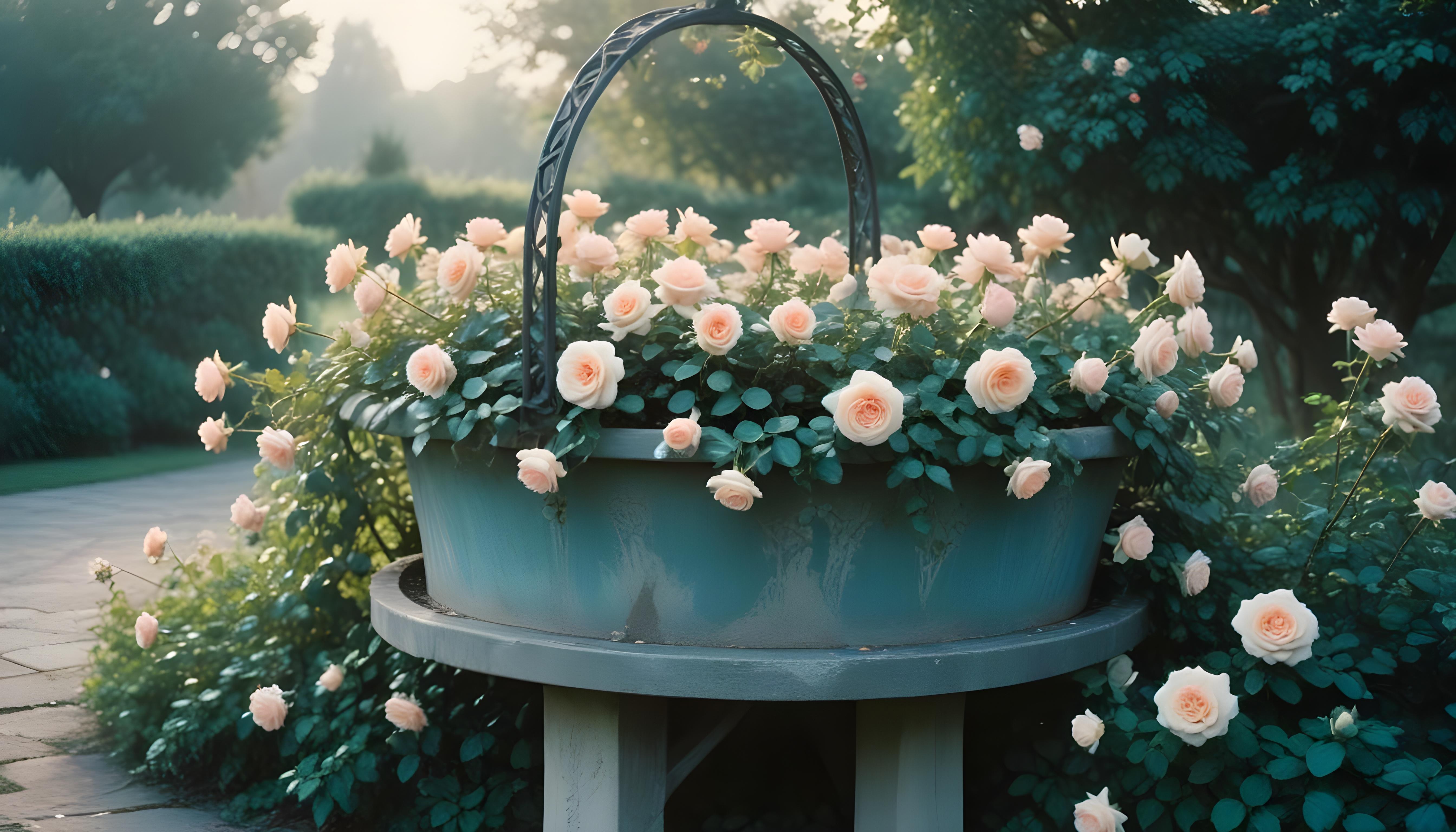 Beautiful Cottage Rose Garden with Blooming Flowers and Decorative Water Well