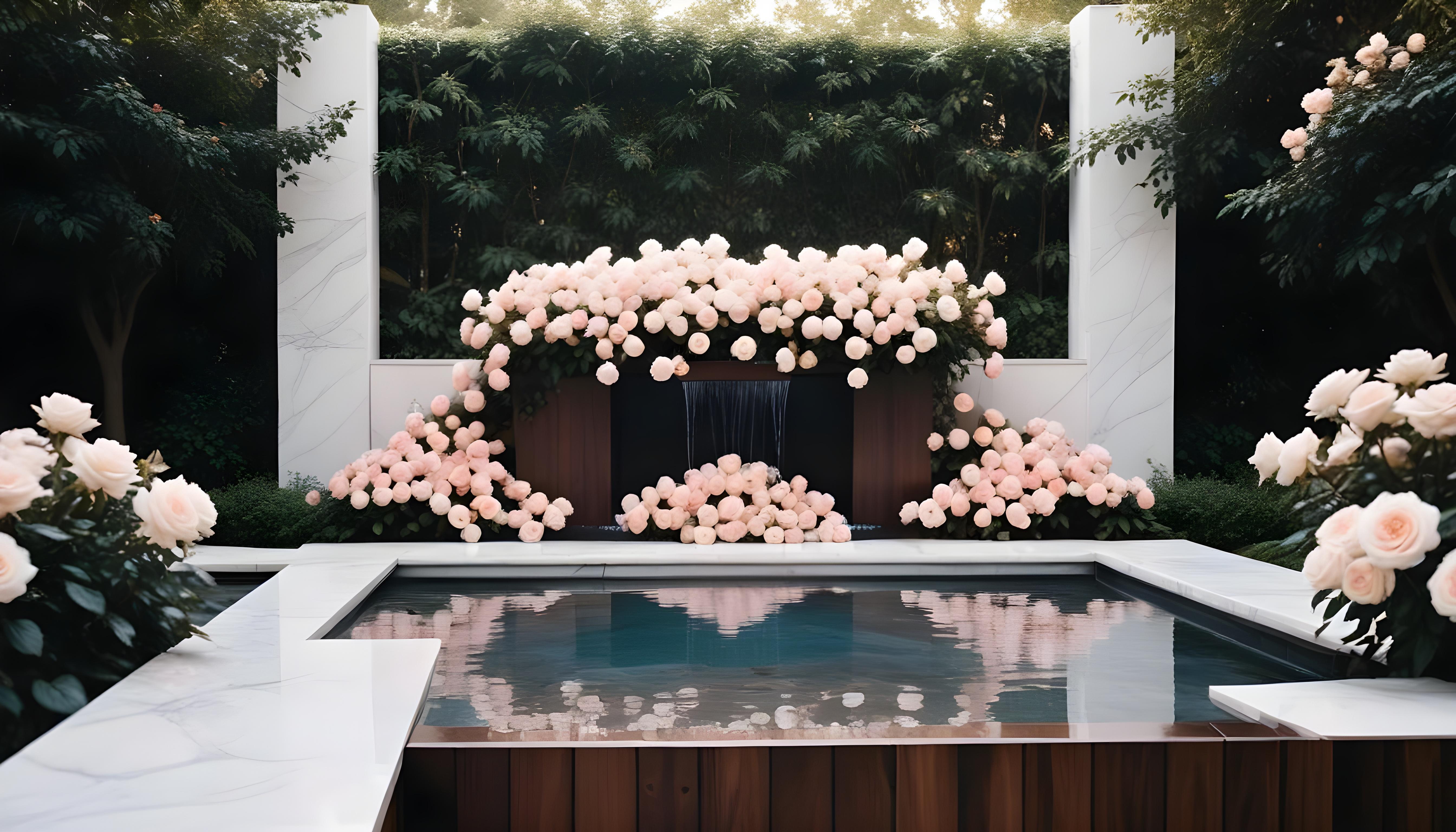 Beautiful Cottage Rose Garden with Blooming Flowers and Decorative Water Well