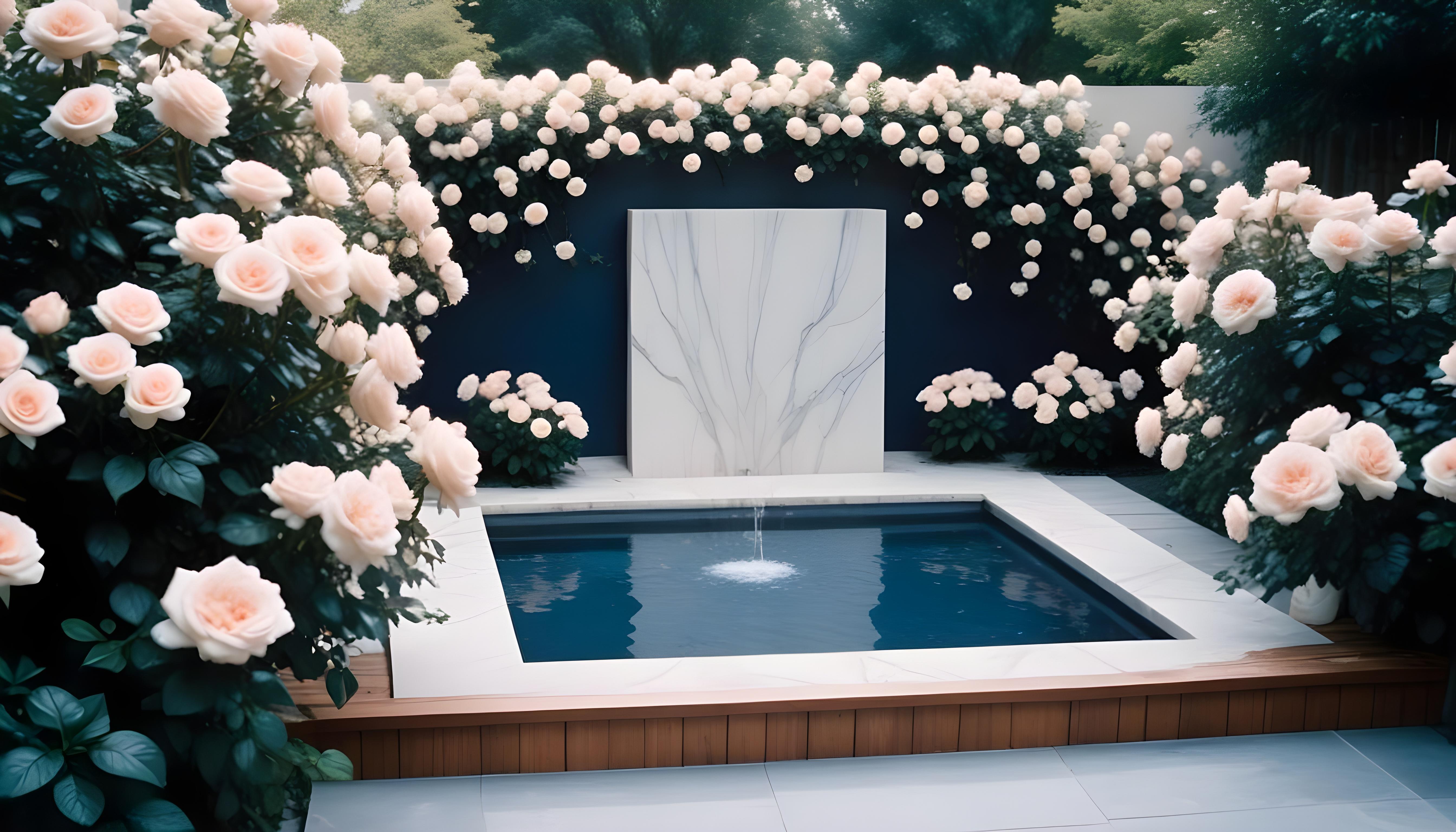 Beautiful Cottage Rose Garden with Blooming Flowers and Decorative Water Well