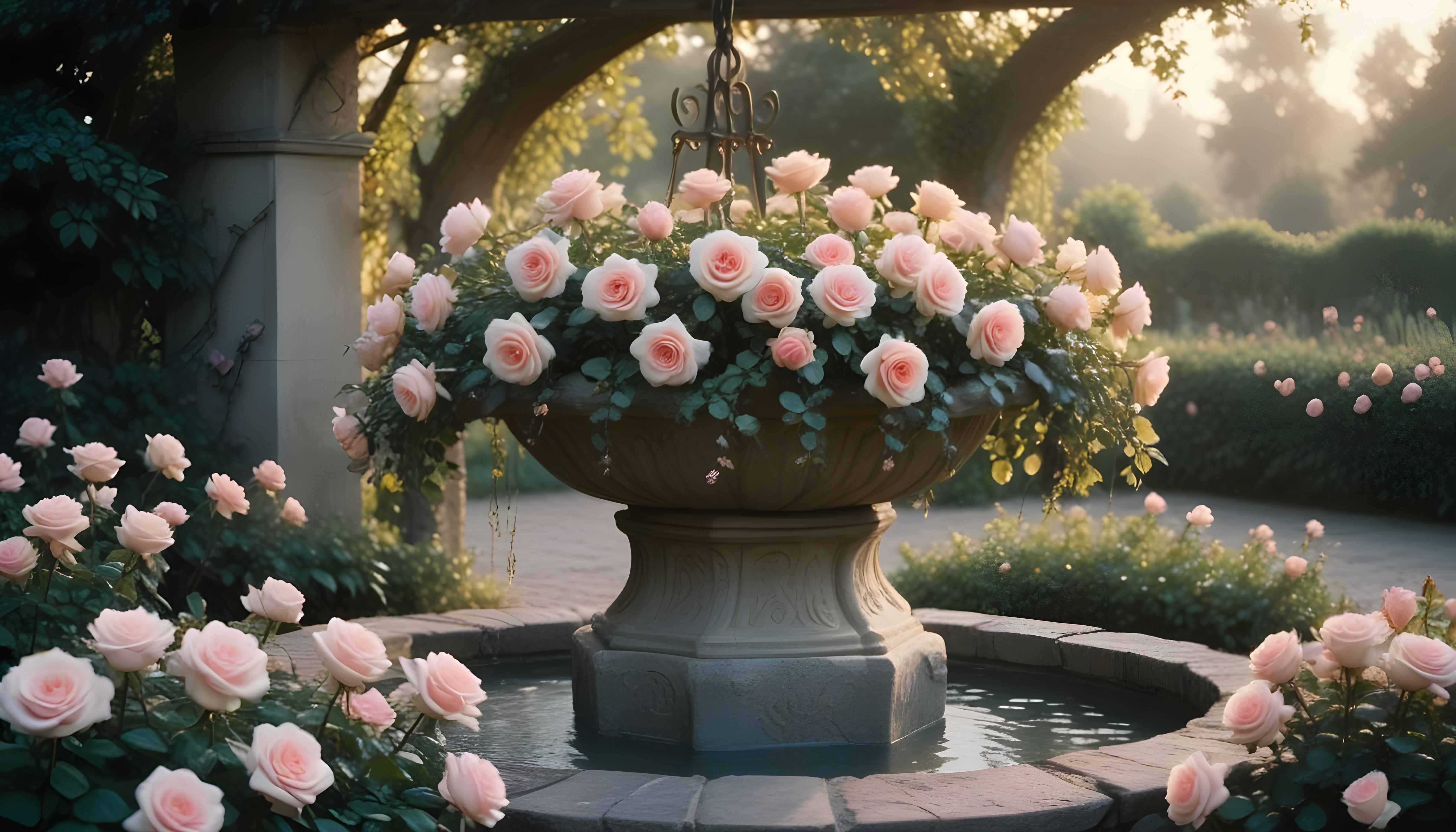 Beautiful Cottage Rose Garden with Blooming Flowers and Decorative Water Well