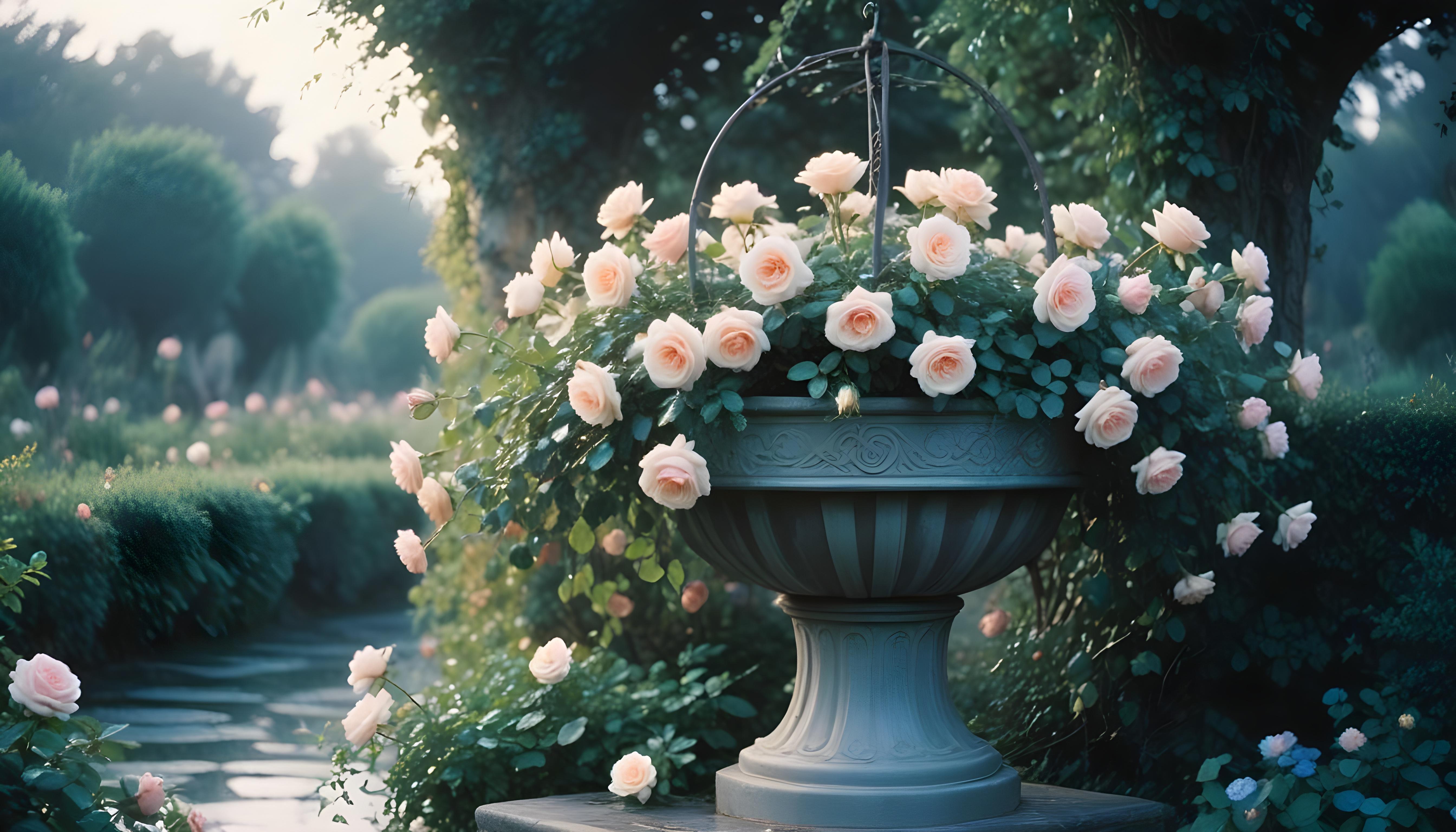 Beautiful Cottage Rose Garden with Blooming Flowers and Decorative Water Well