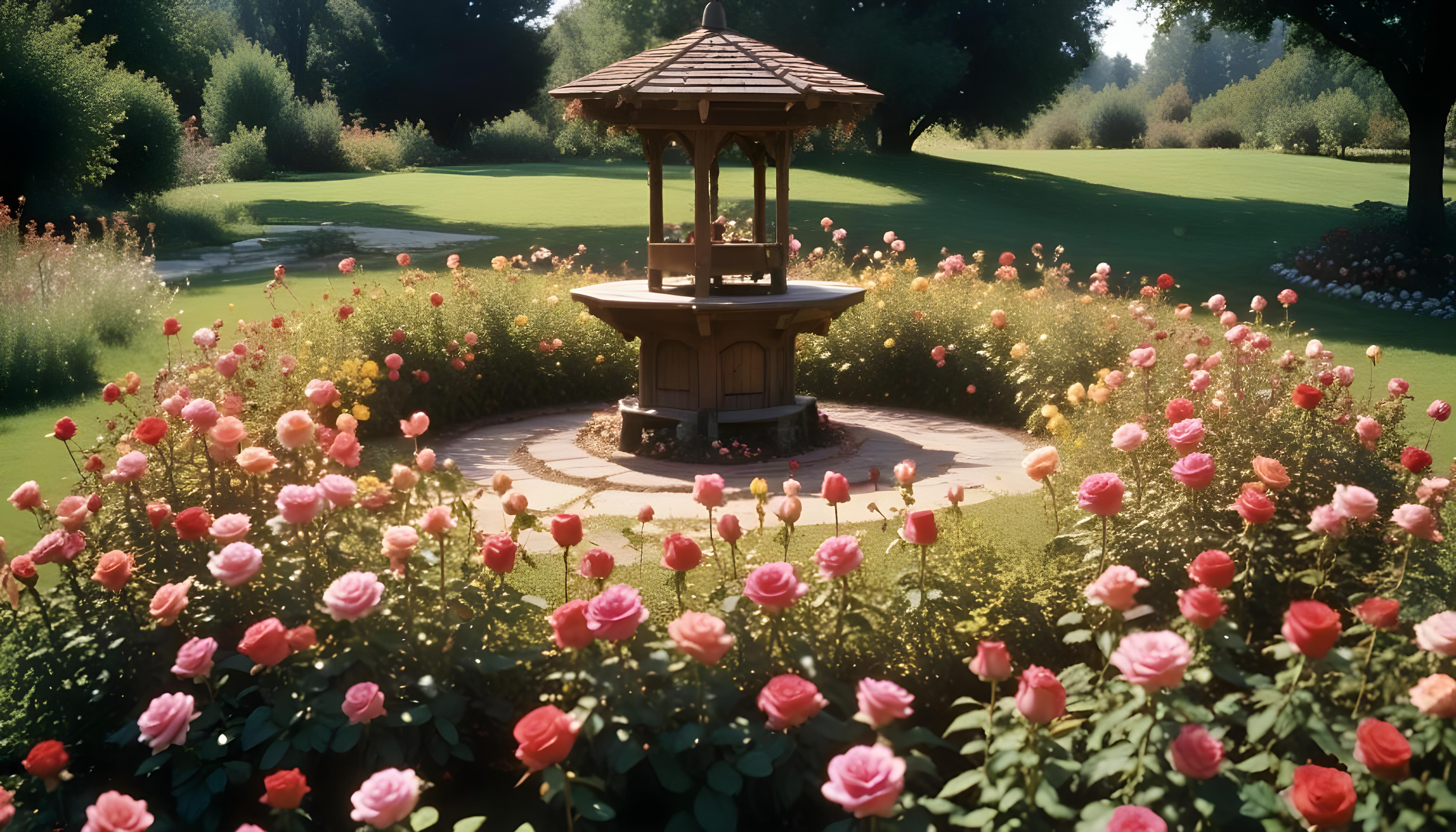 Beautiful Cottage Rose Garden with Blooming Flowers and Decorative Water Well