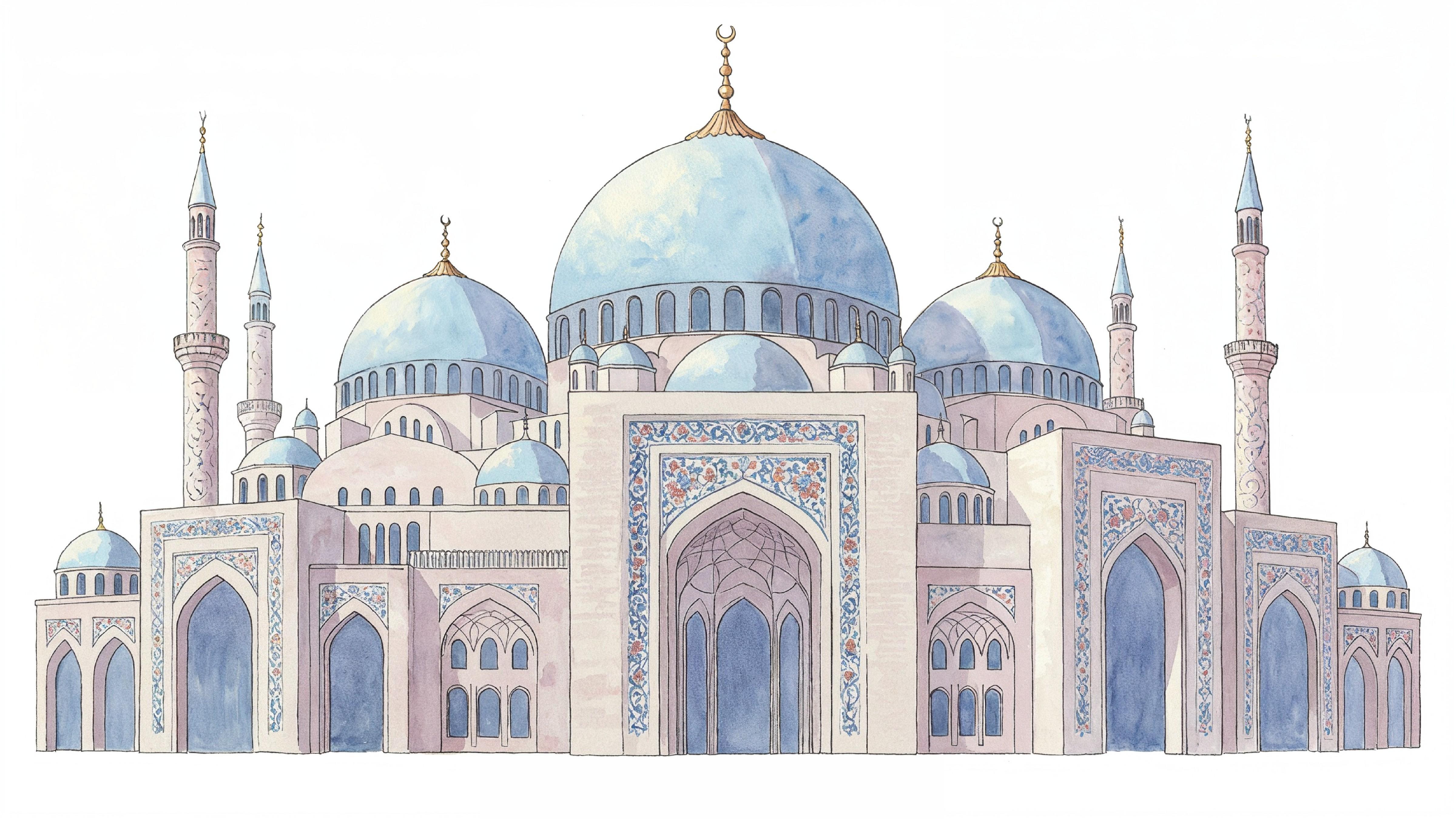Classic Islamic Mosque Watercolor Illustration with Elegant Architectural Details
