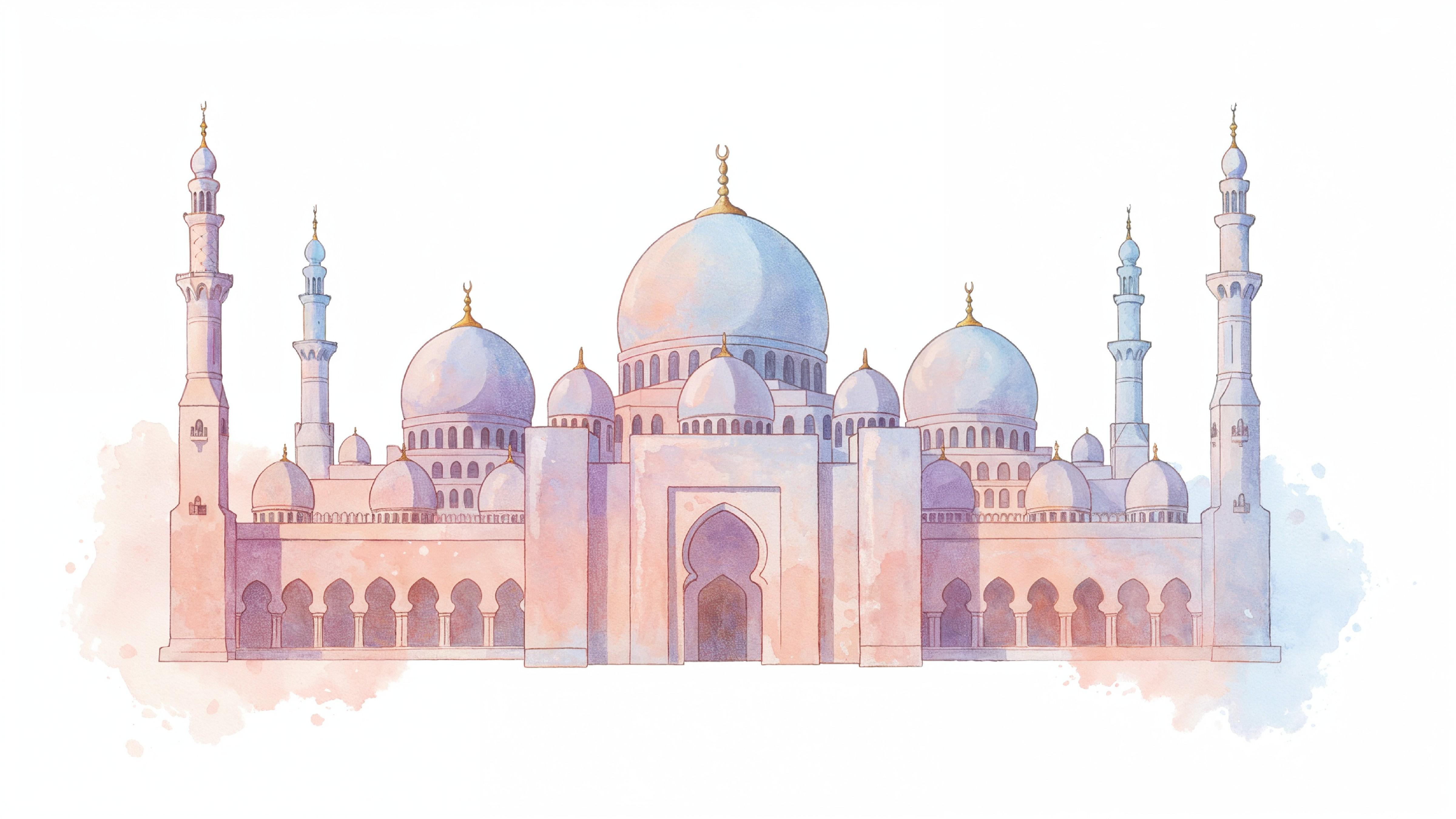 Classic Islamic Mosque Watercolor Illustration with Elegant Architectural Details