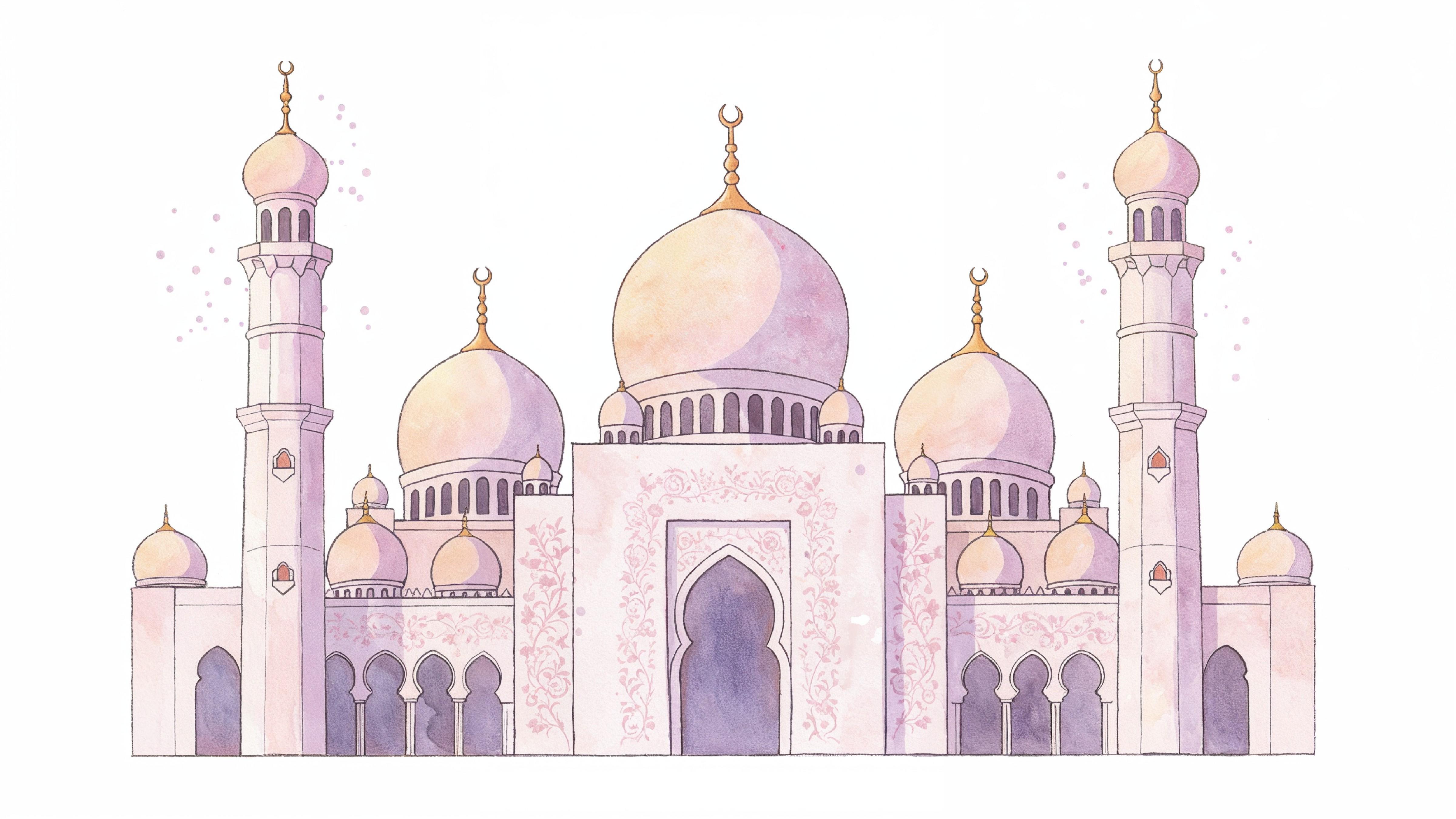 Classic Islamic Mosque Watercolor Illustration with Elegant Architectural Details