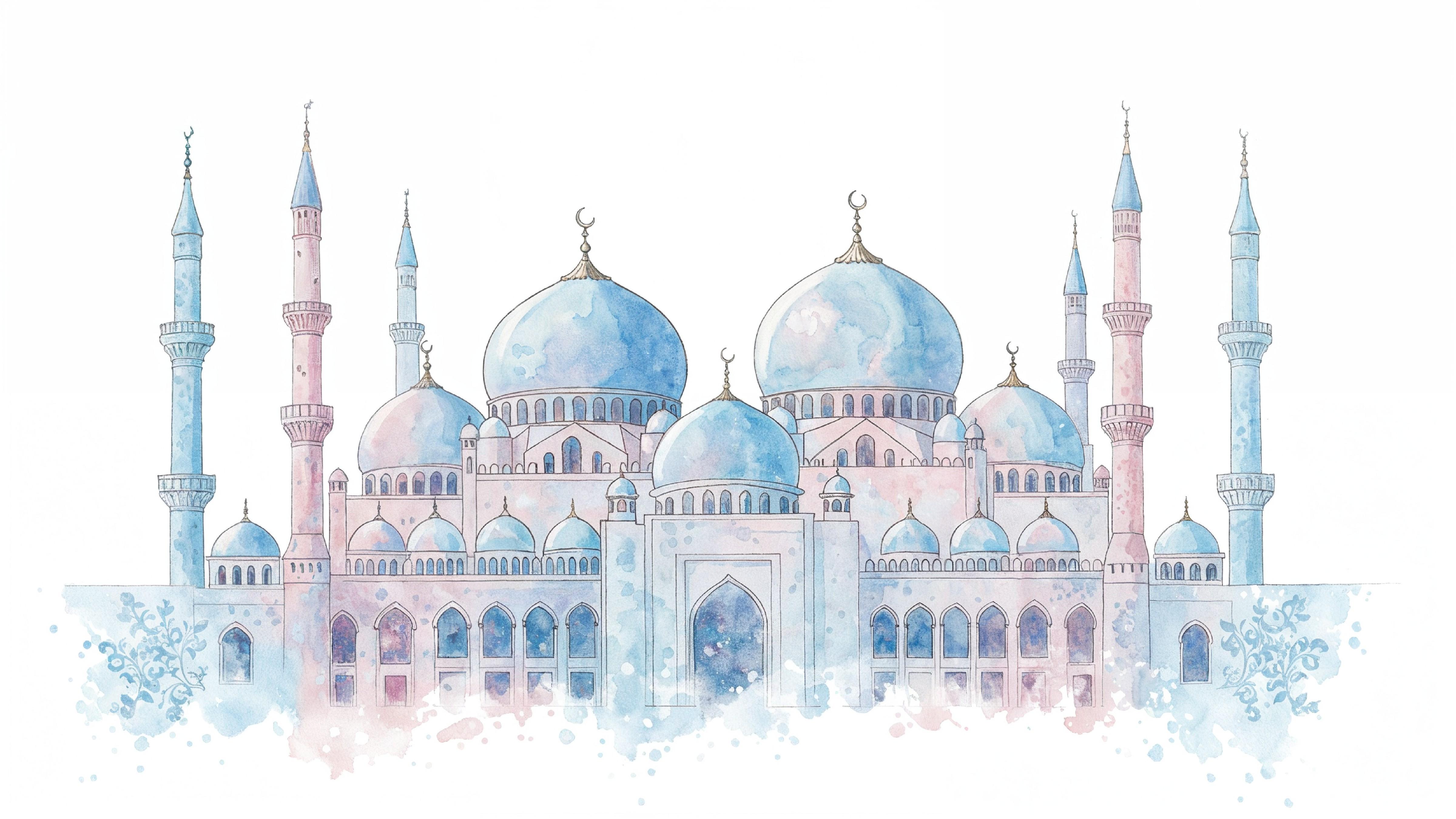 Classic Islamic Mosque Watercolor Illustration with Elegant Architectural Details