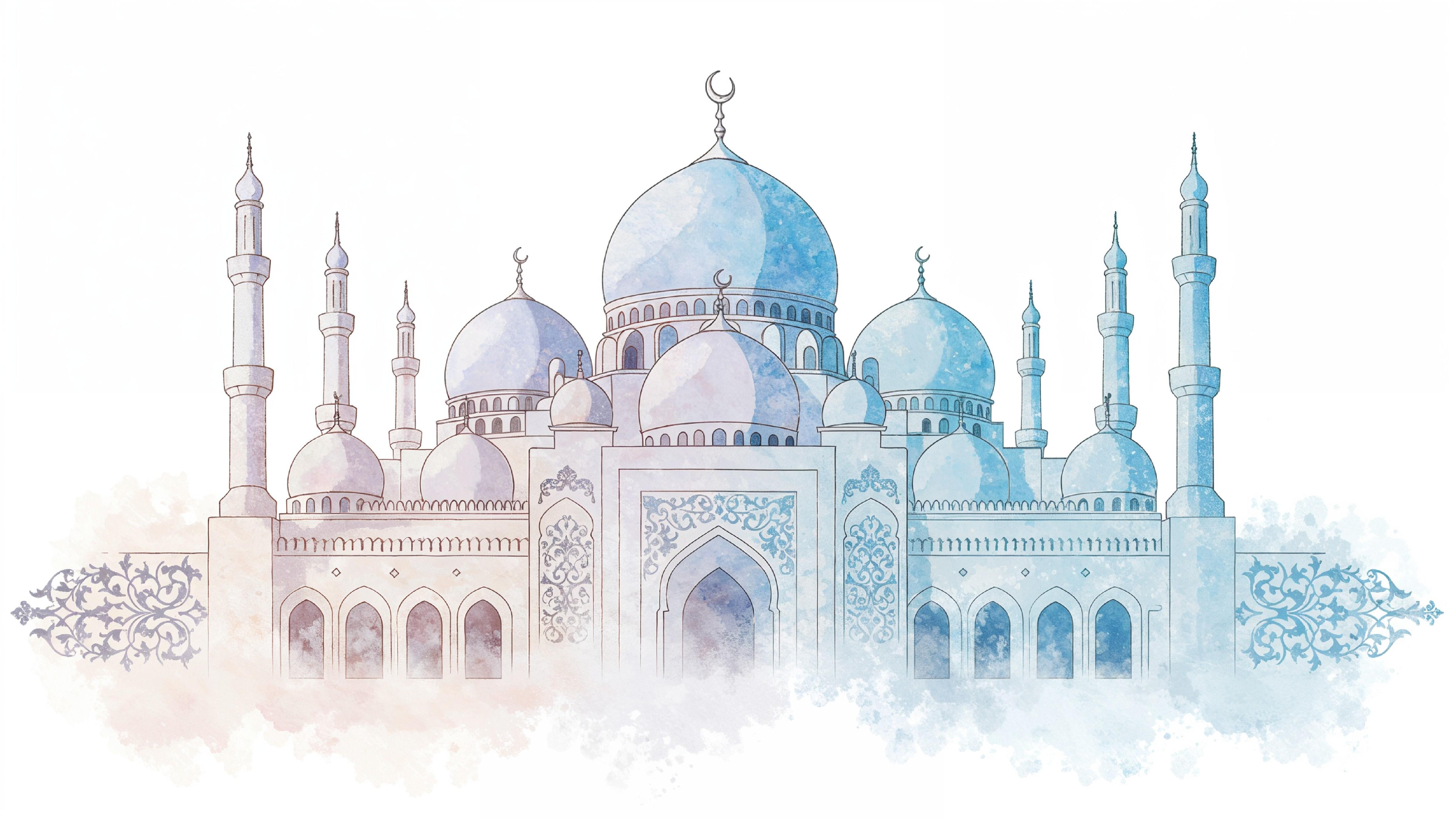Classic Islamic Mosque Watercolor Illustration with Elegant Architectural Details