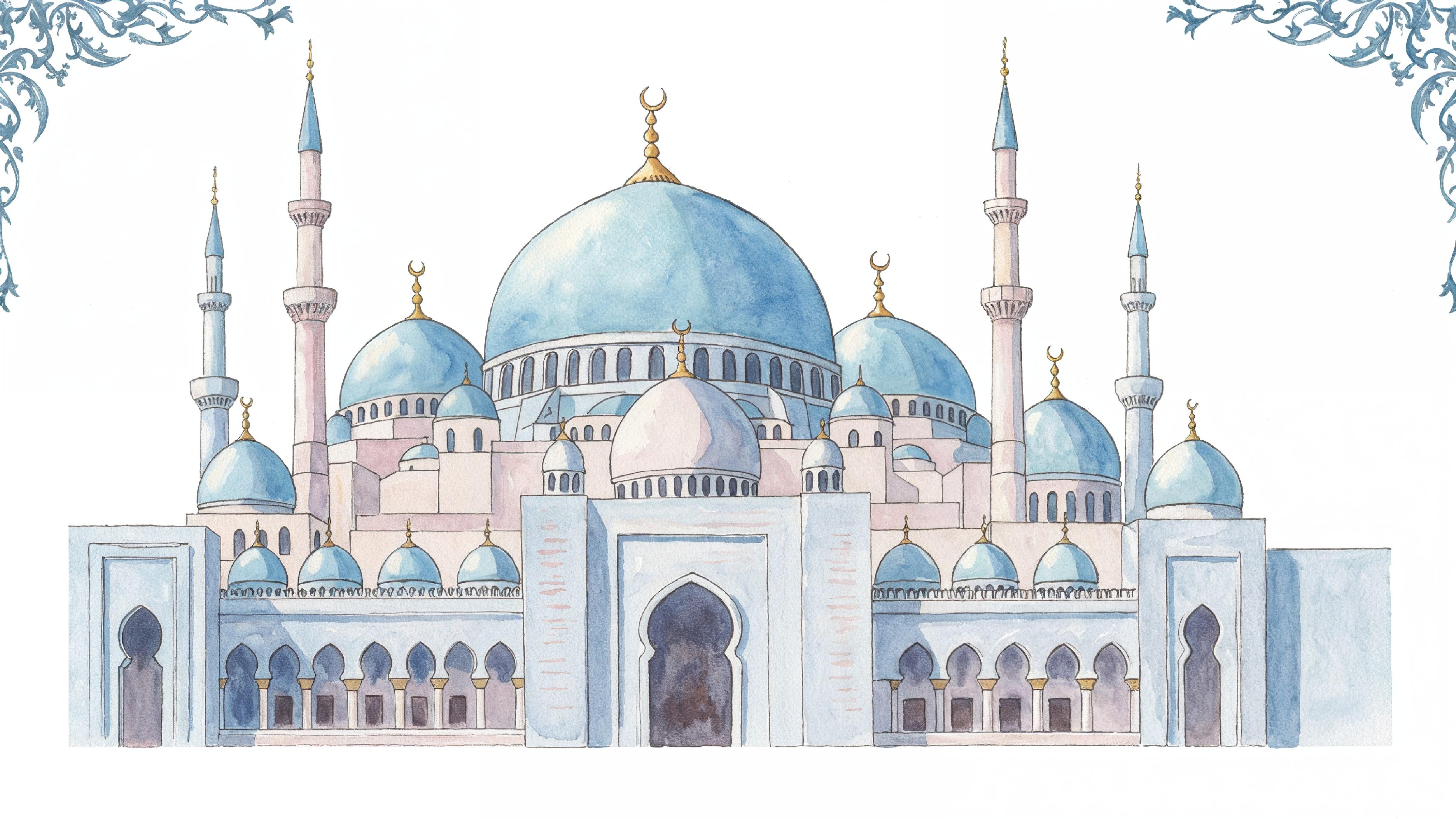 Classic Islamic Mosque Watercolor Illustration with Elegant Architectural Details